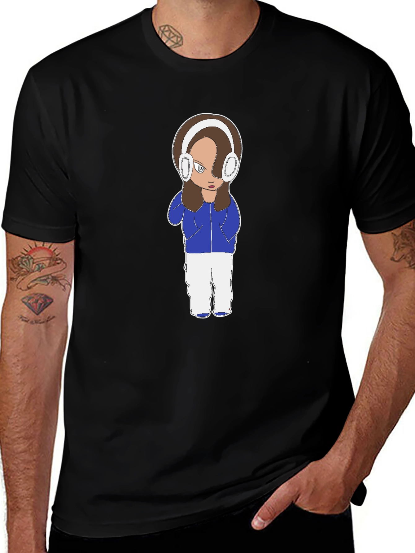 Cartoon Girl Headphones Black T-Shirt