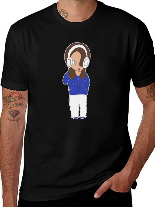 Cartoon Girl Headphones Black T-Shirt