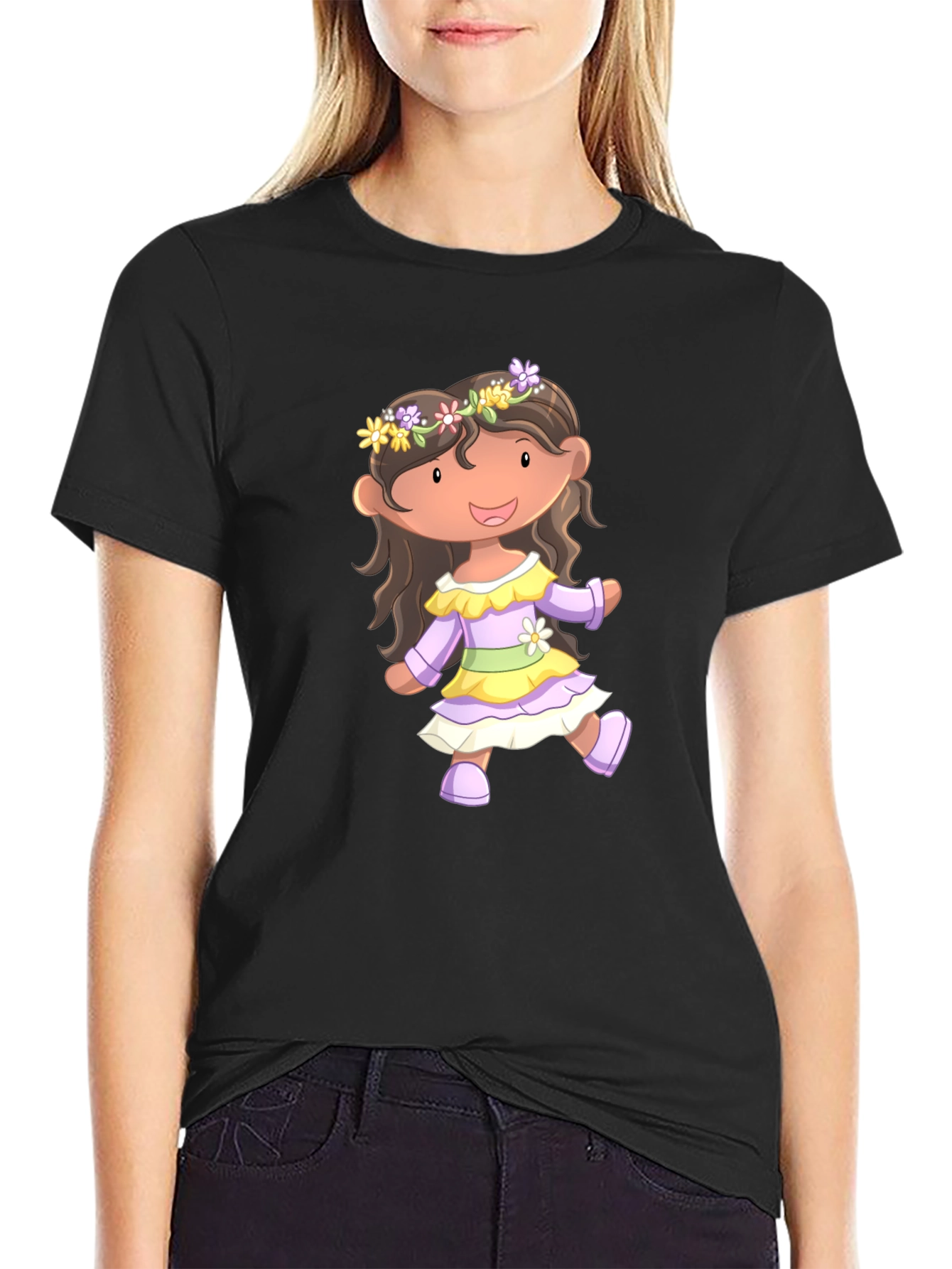 Cute Cartoon Girl Black T-Shirt