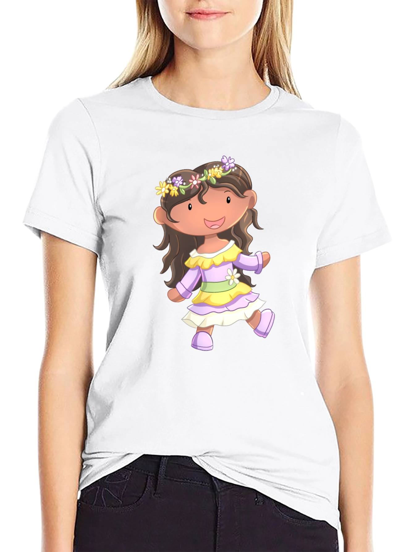 Cute Cartoon Girl Black T-Shirt