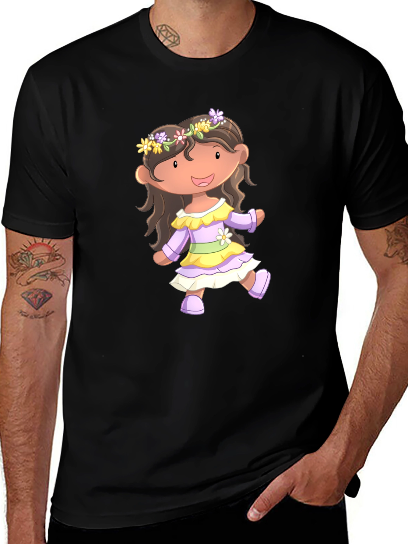Cute Cartoon Girl Black T-Shirt