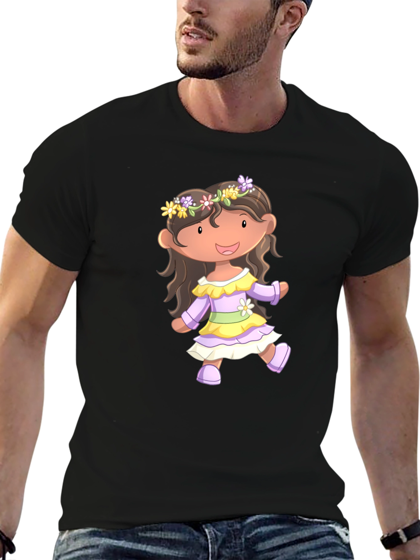 Cute Cartoon Girl Black T-Shirt