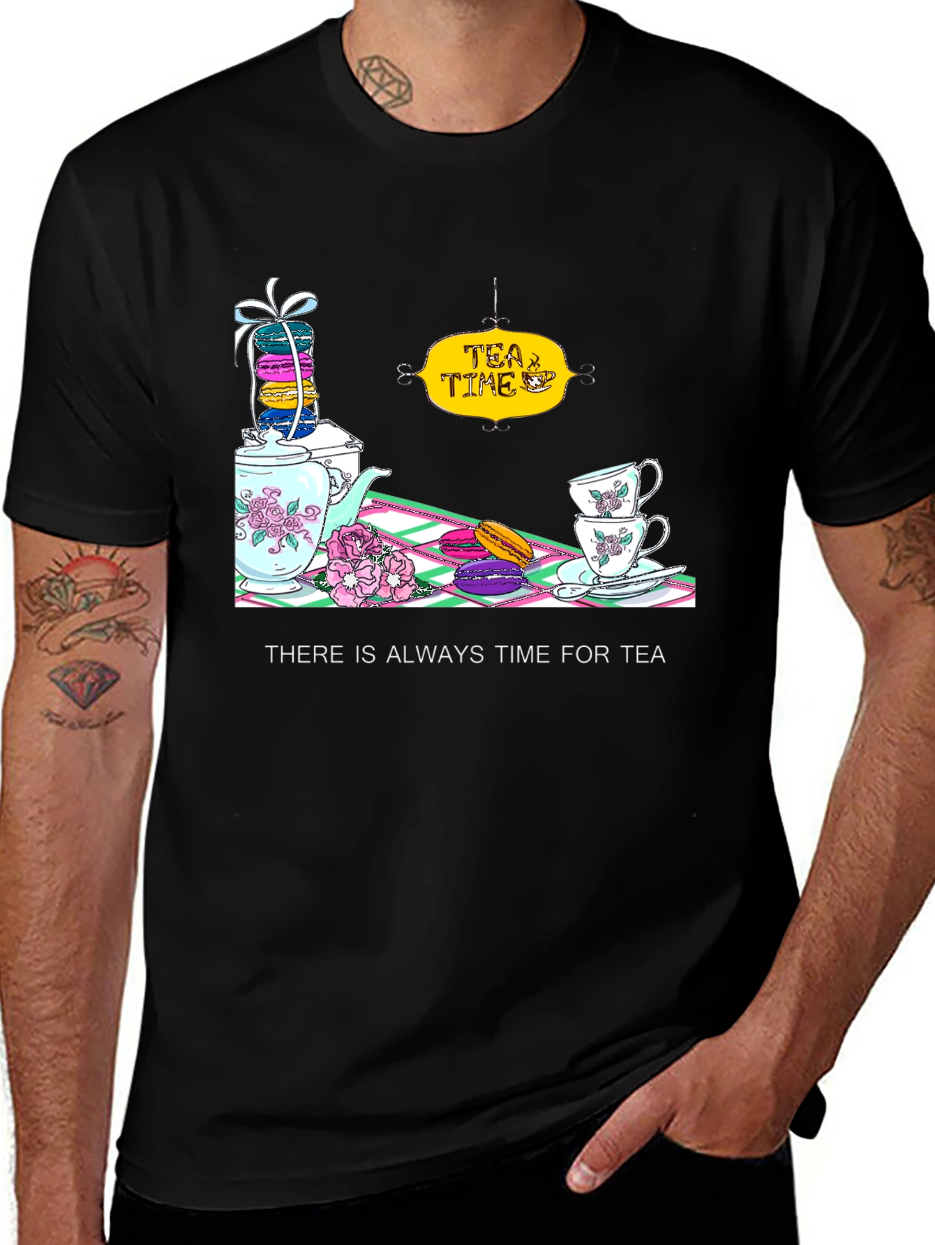 Tea Time T-Shirt - Macarons and Teacups Design