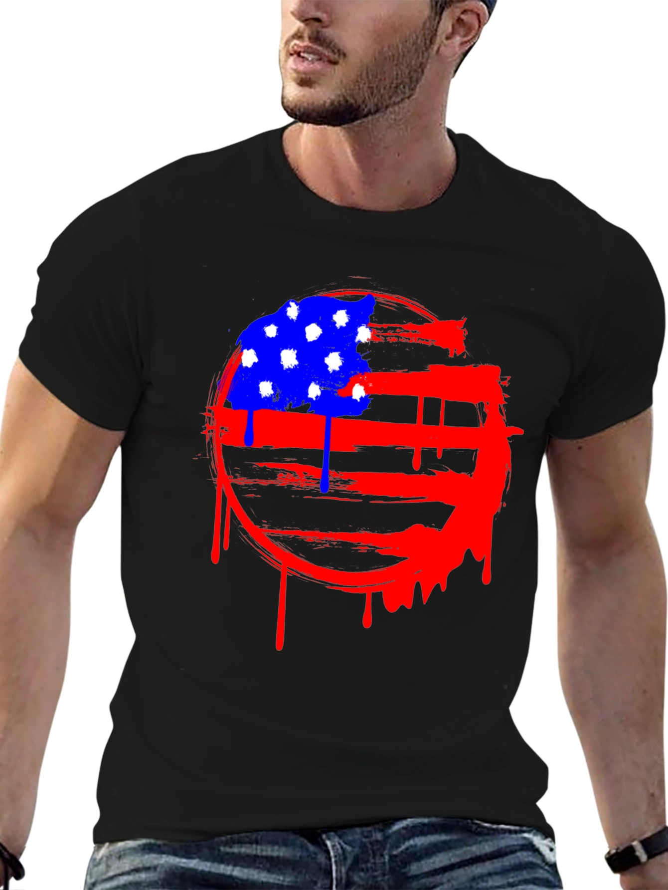 Distressed American Flag Graphic Tee - Black