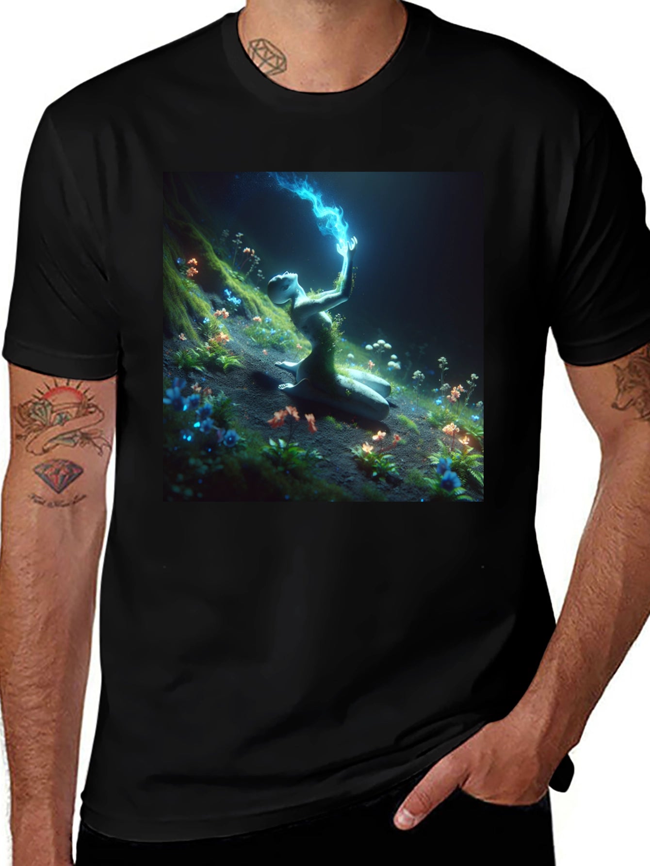 Mystic Garden Graphic Tee - Black Cotton Shirt