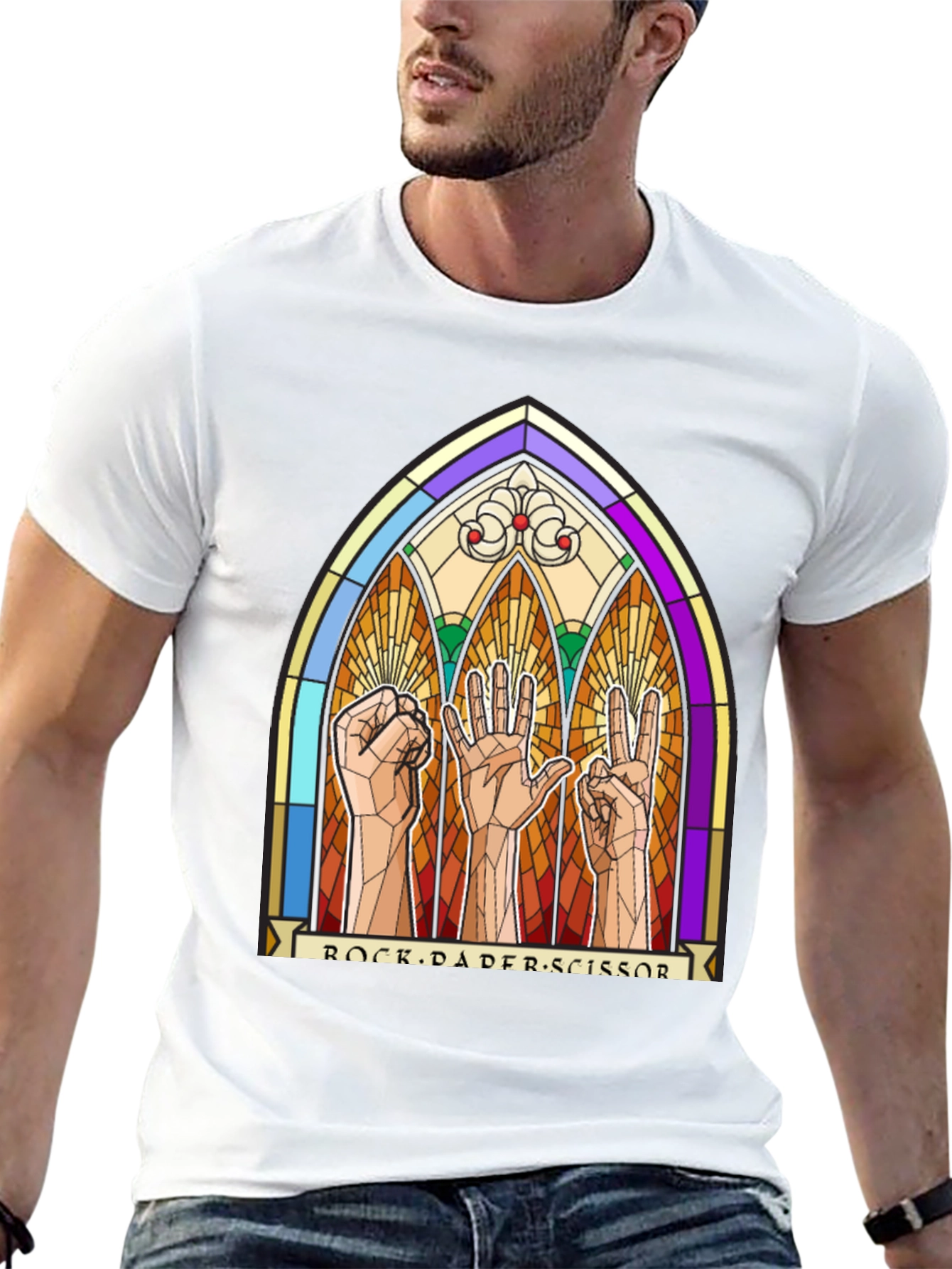 Rock Paper Scissors Stained Glass Graphic T-Shirt
