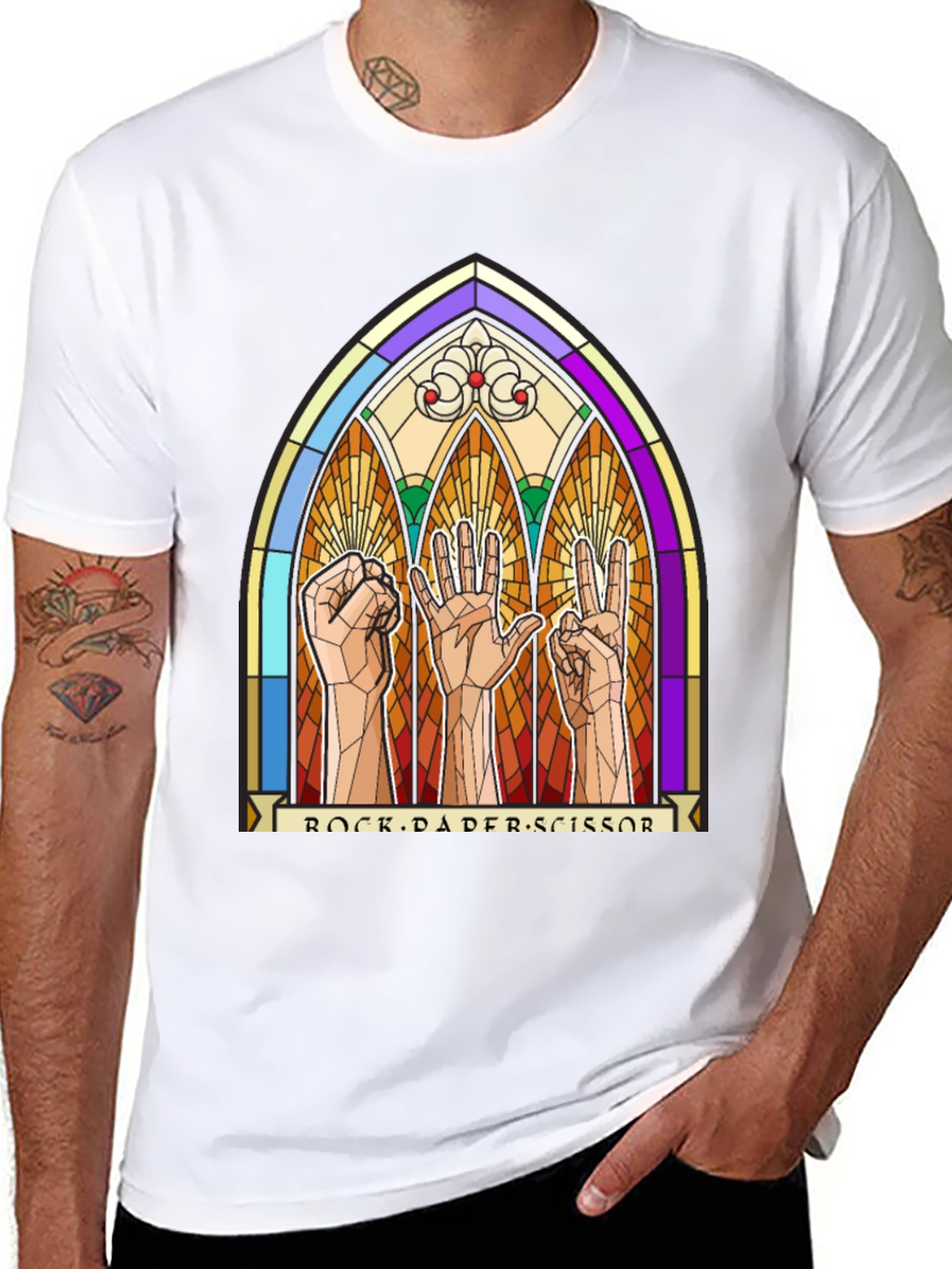 Rock Paper Scissors Stained Glass Graphic T-Shirt