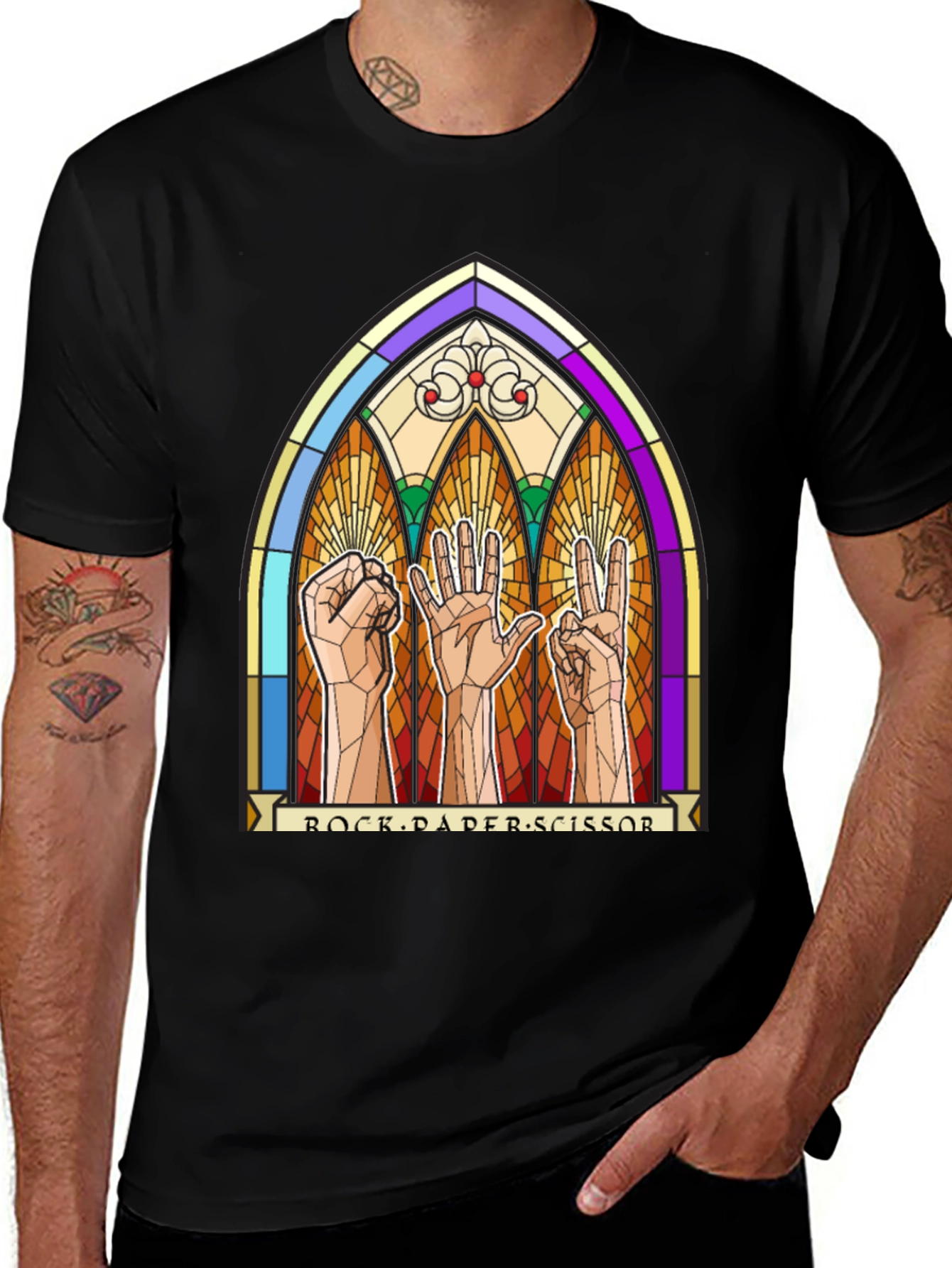 Rock Paper Scissors Stained Glass Graphic T-Shirt