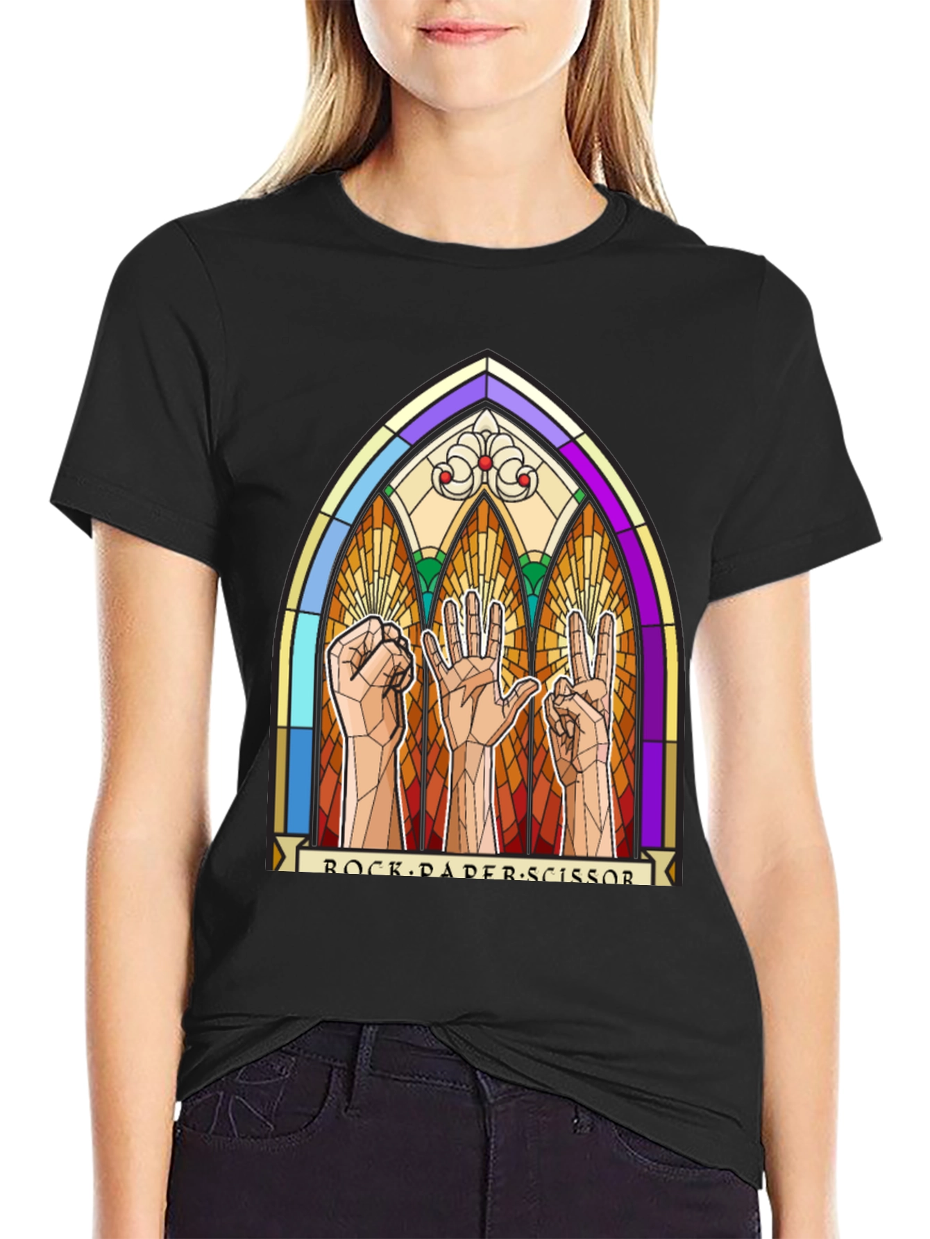 Rock Paper Scissors Stained Glass Graphic T-Shirt