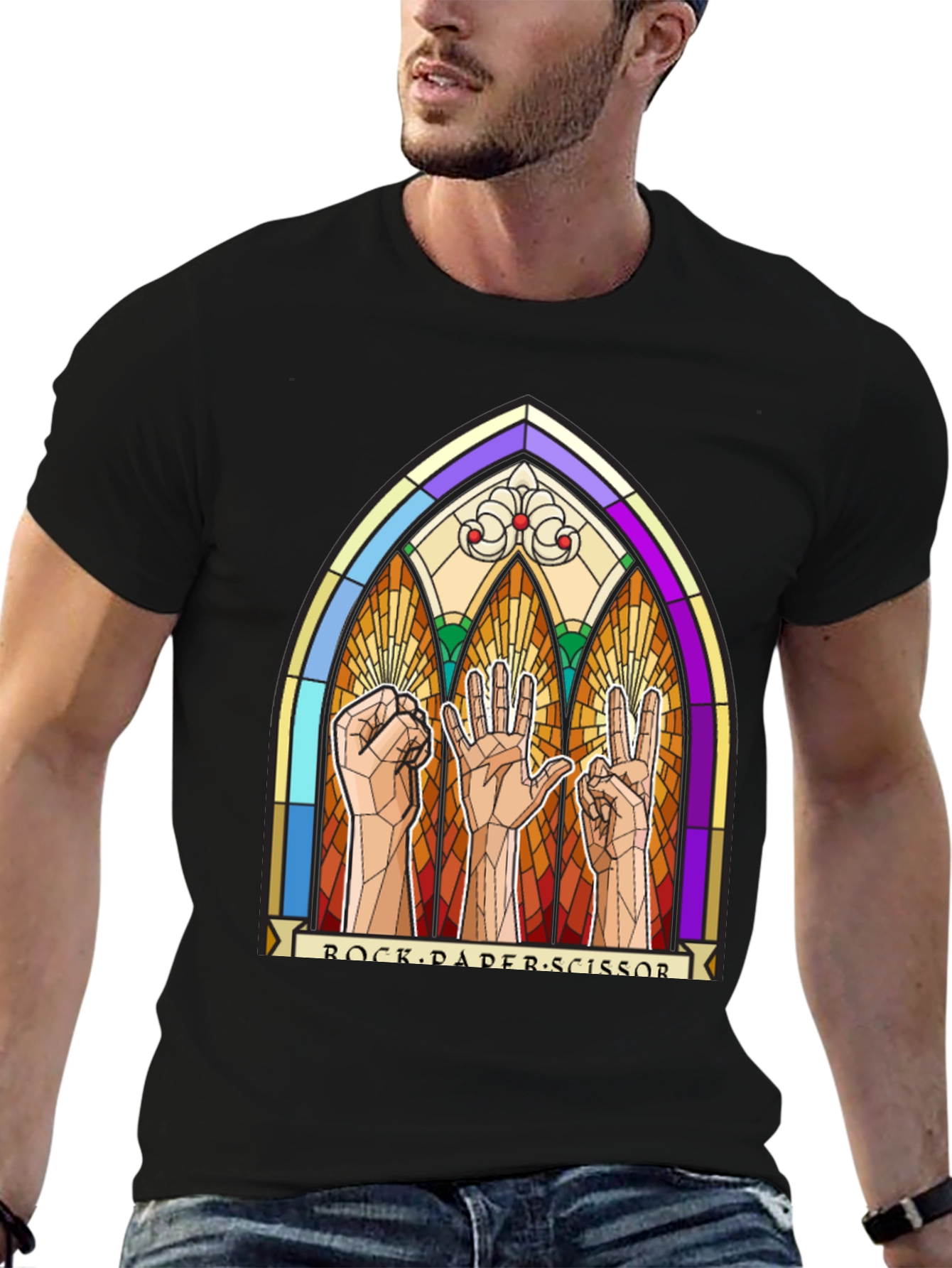 Rock Paper Scissors Stained Glass Graphic T-Shirt