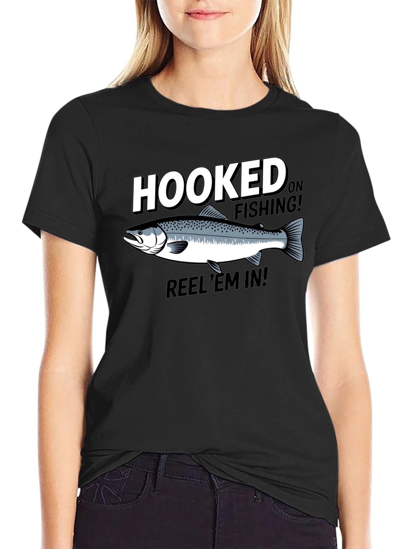 Hooked on Fishing Black Graphic T-Shirt