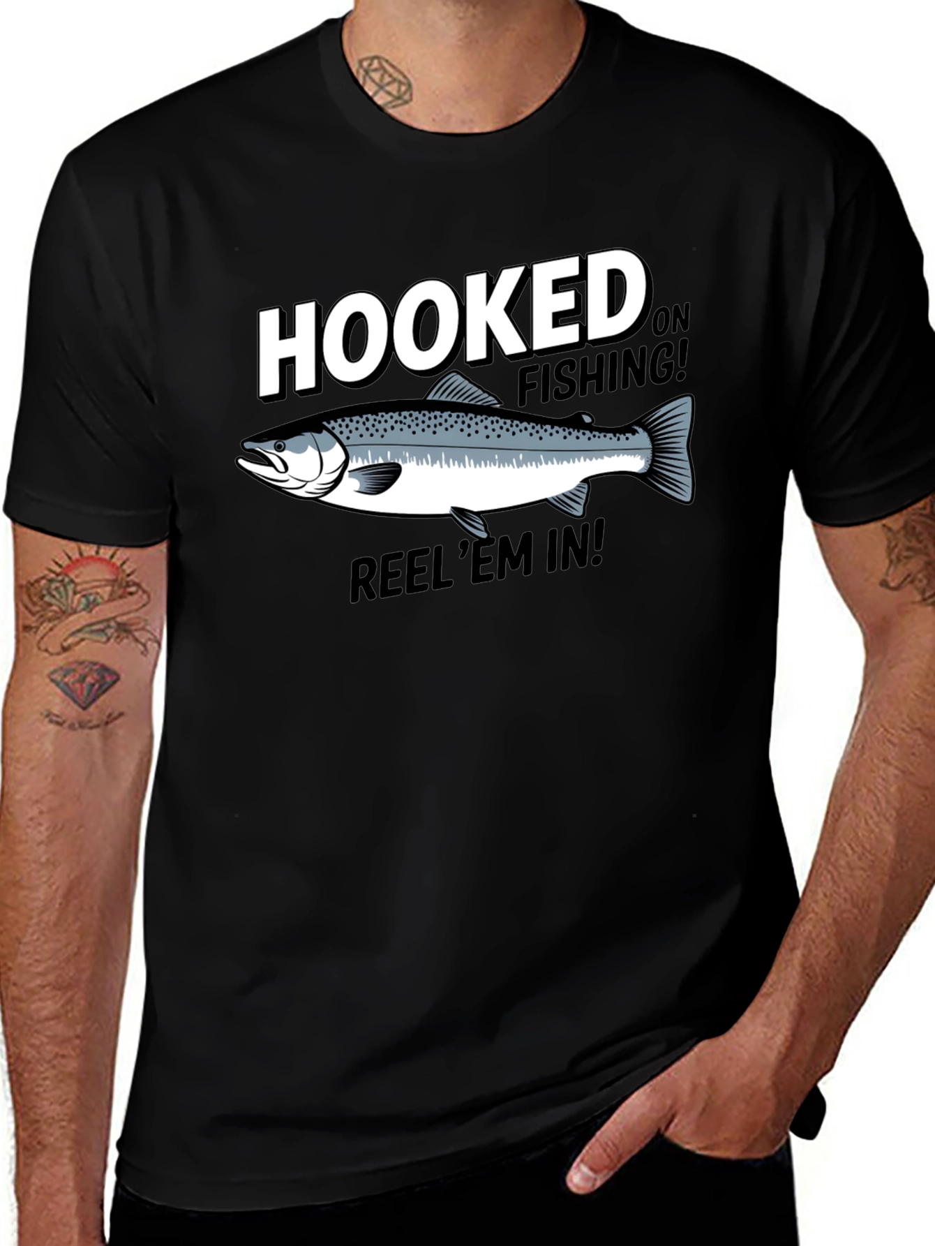 Hooked on Fishing Black Graphic T-Shirt