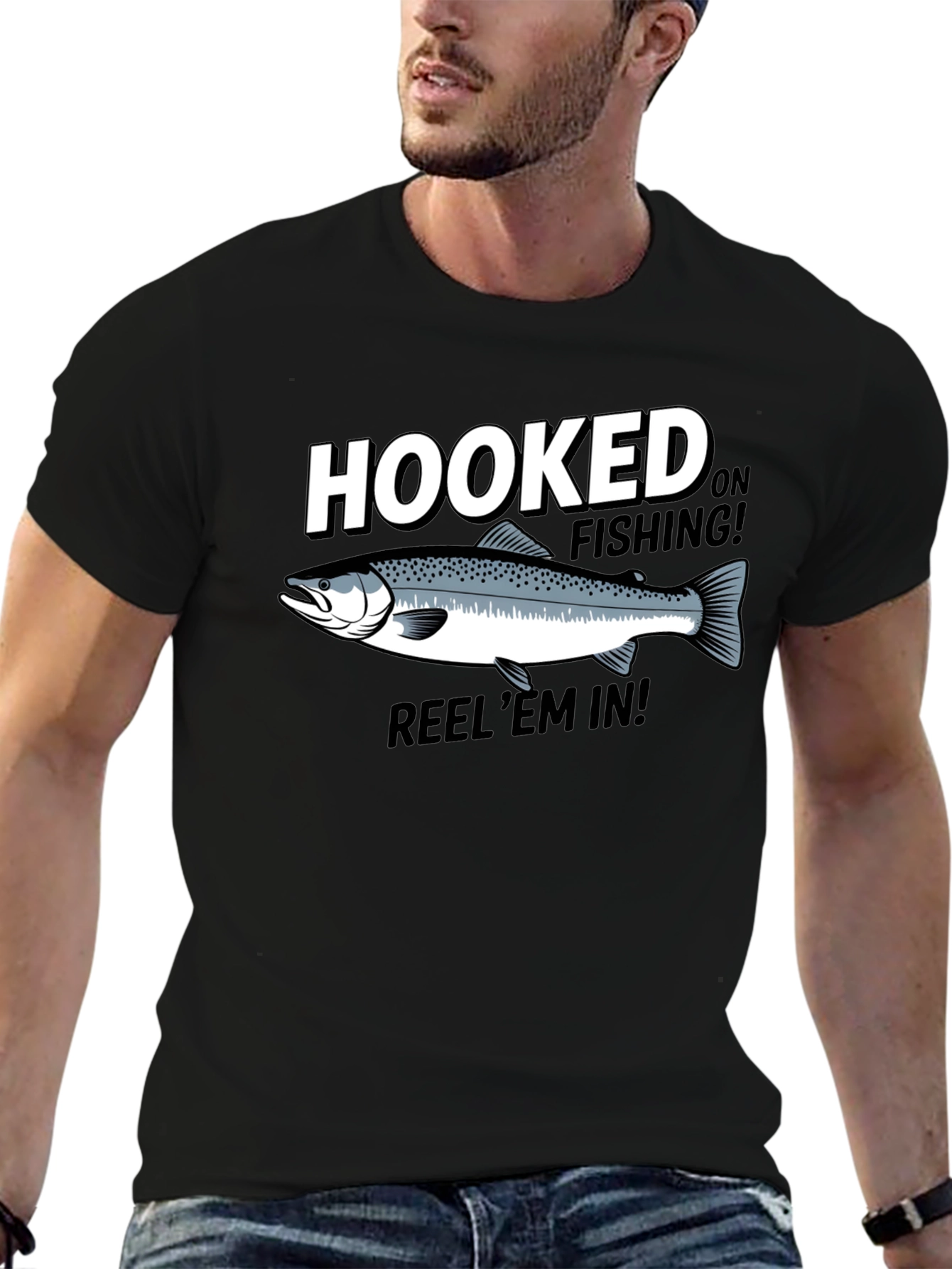 Hooked on Fishing Black Graphic T-Shirt