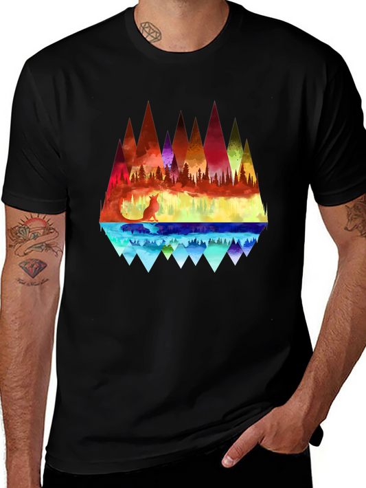 Vibrant Fox & Geometric Mountain Black T-Shirt