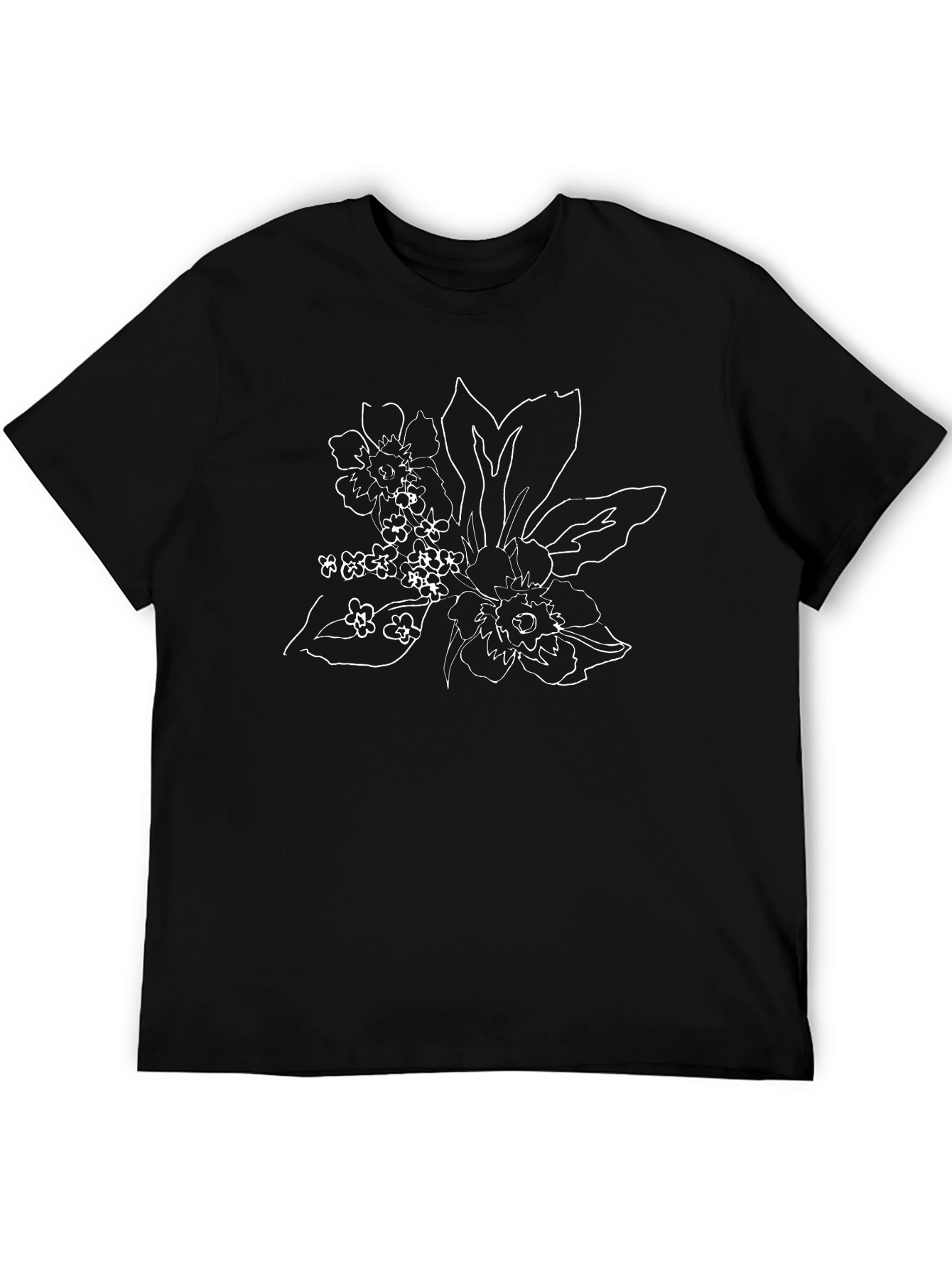 Floral Outline Black Tee - Botanical Style