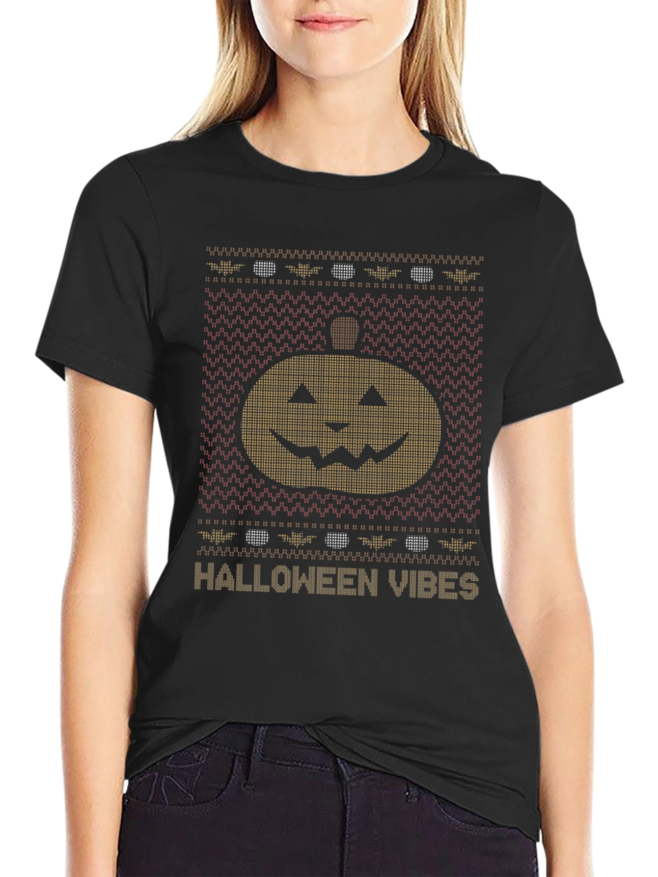 Halloween Vibes Pumpkin Knit Pattern T-Shirt