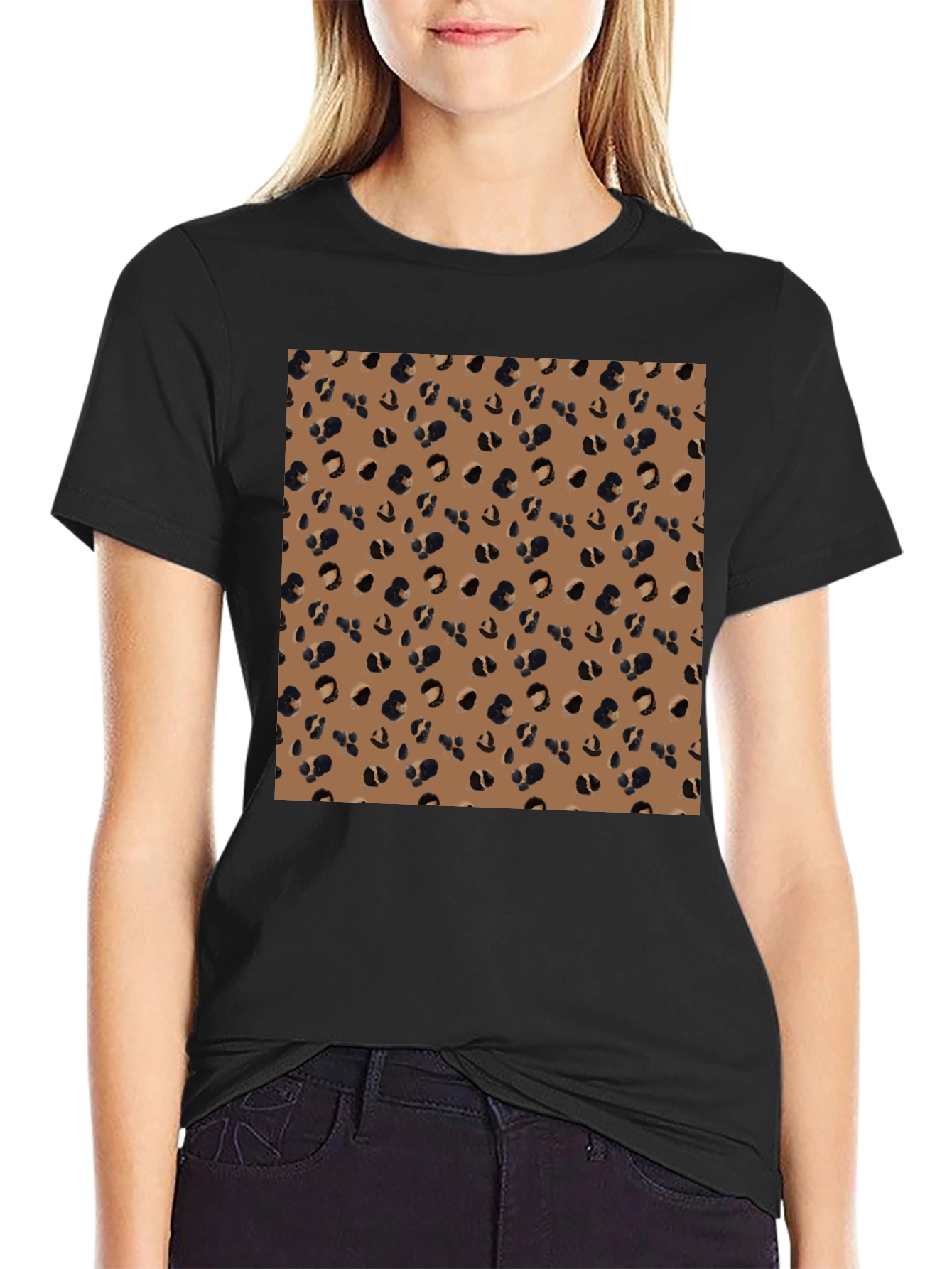 Black Tee with Leopard Print Panel