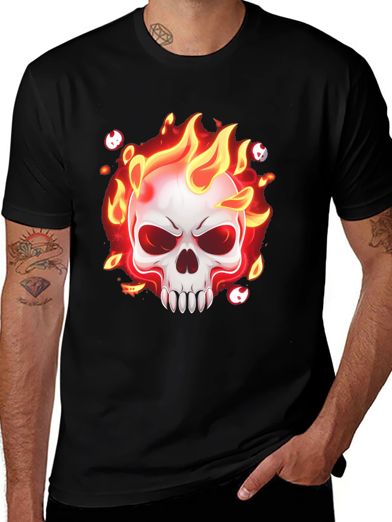 Flaming Skull Graphic T-Shirt - Mens Black Tee