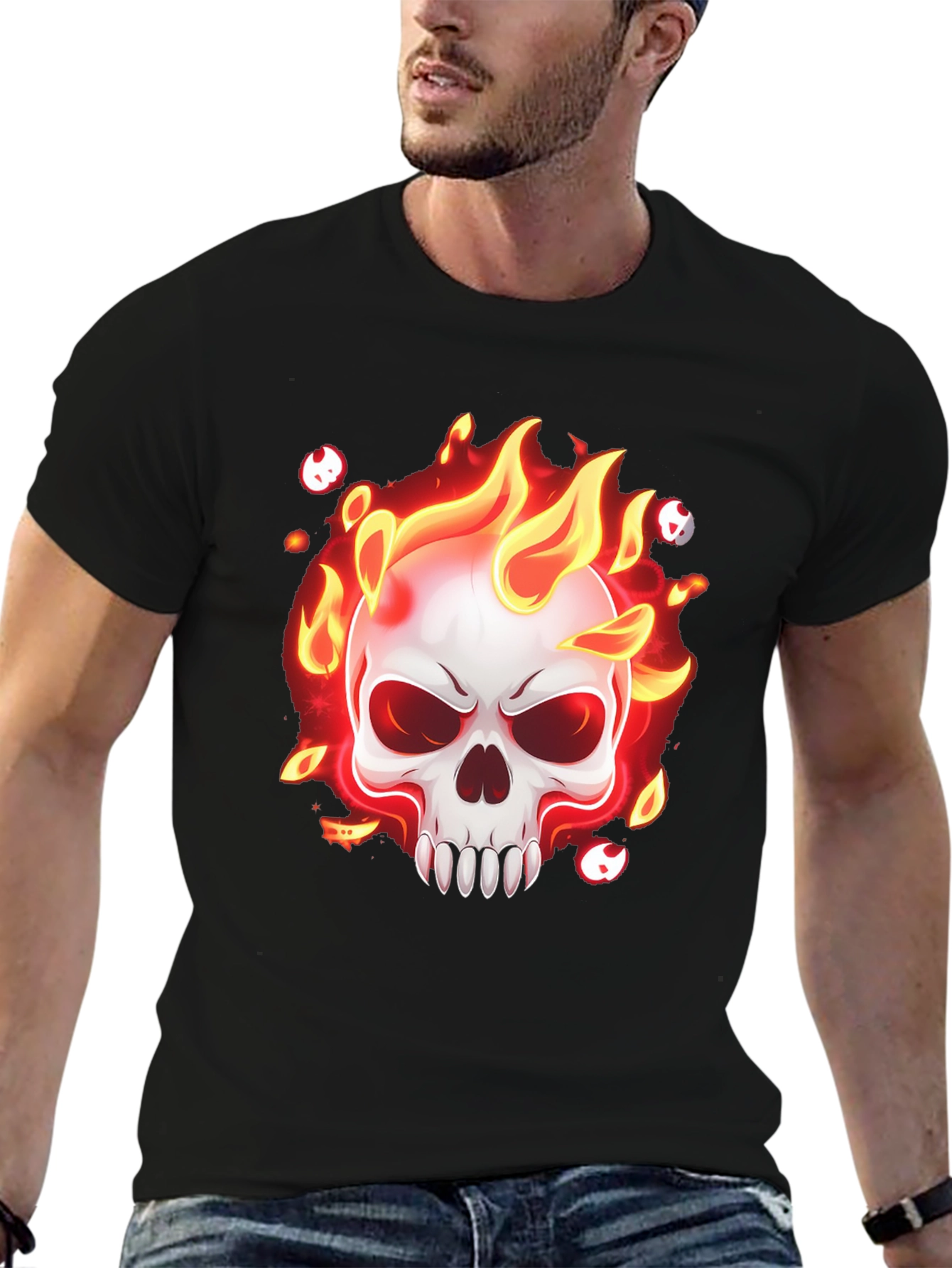 Flaming Skull Graphic T-Shirt - Mens Black Tee