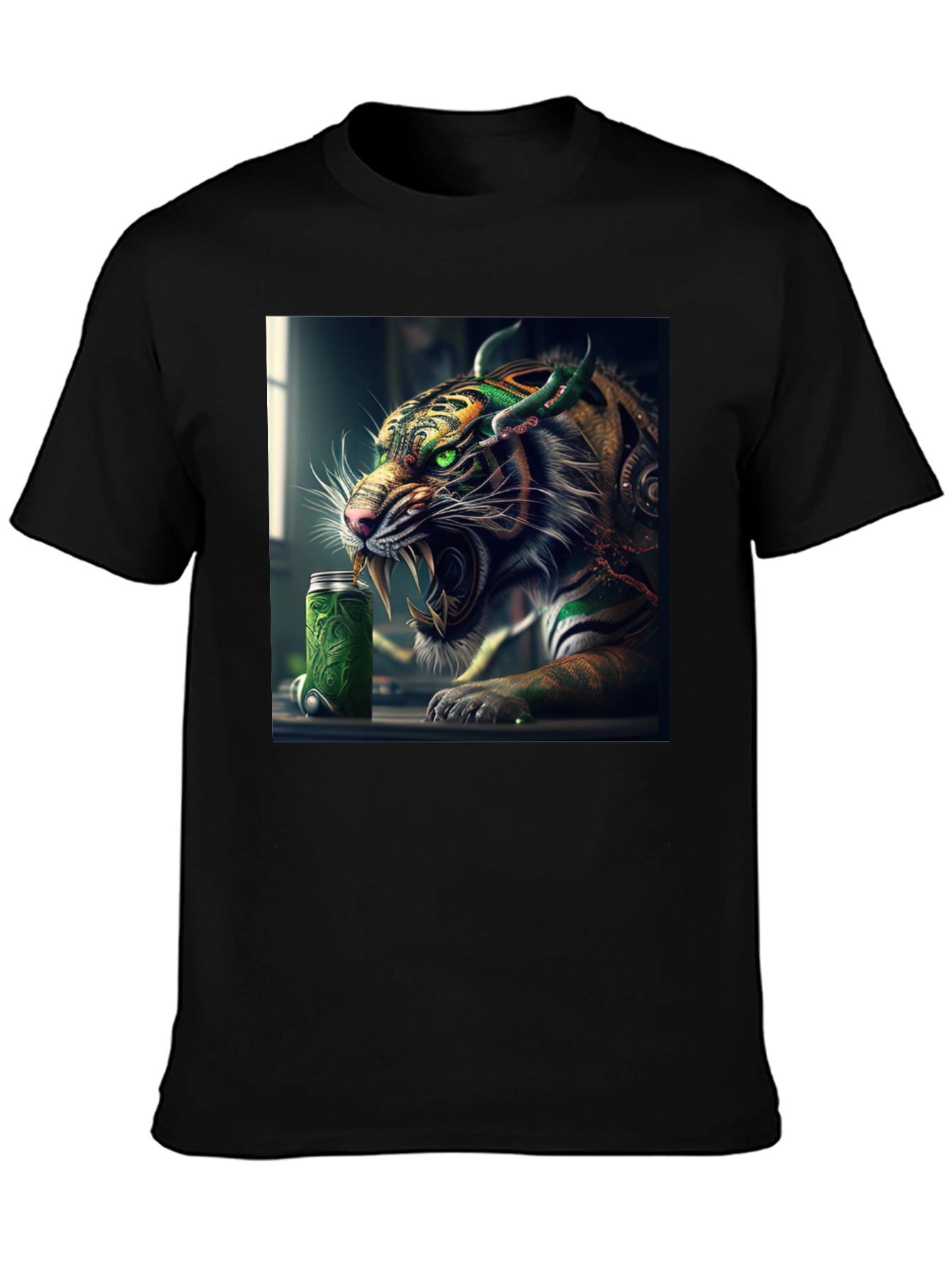 Tiger Green Drink Can Black T-Shirt