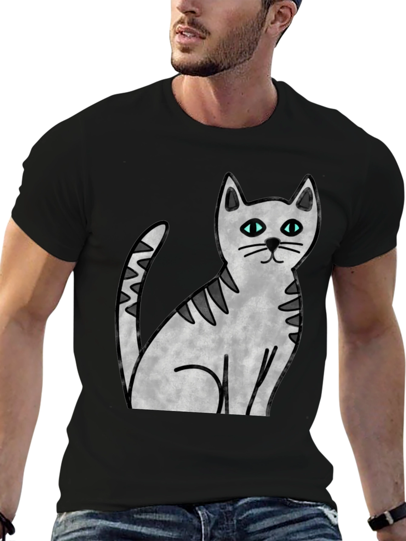 Cute Cat Graphic Print Black T-Shirt