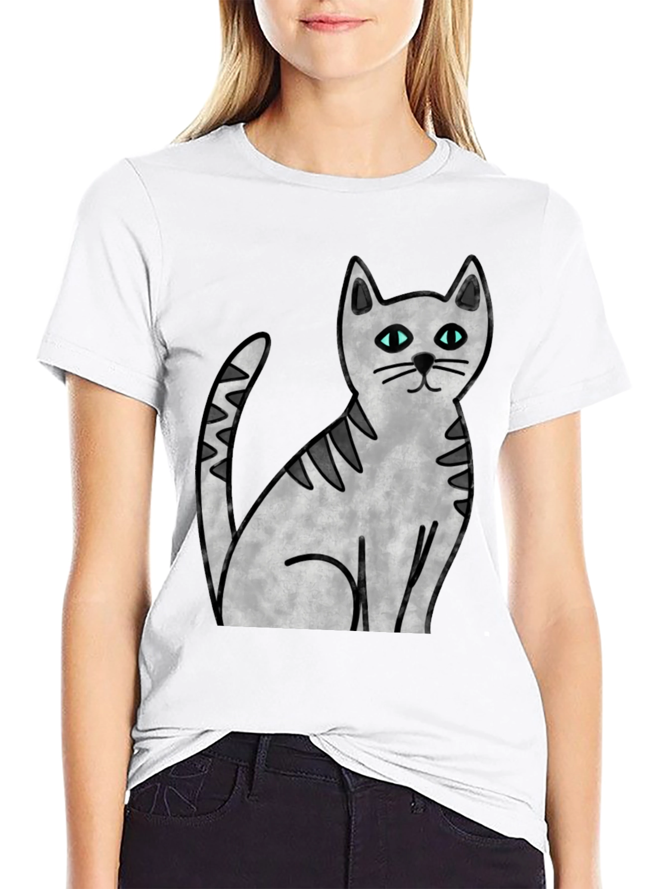 Cute Cat Graphic Print Black T-Shirt