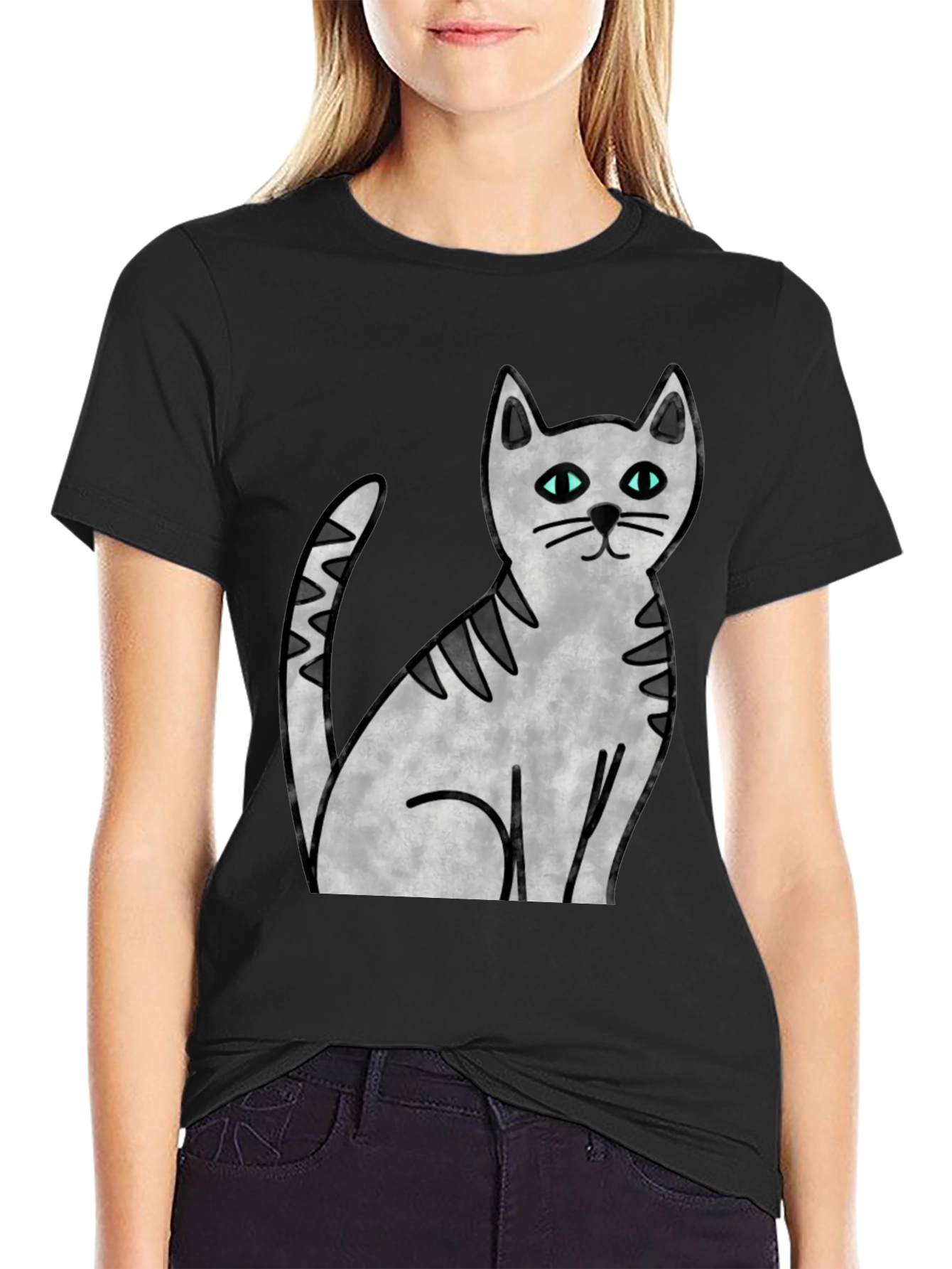 Cute Cat Graphic Print Black T-Shirt