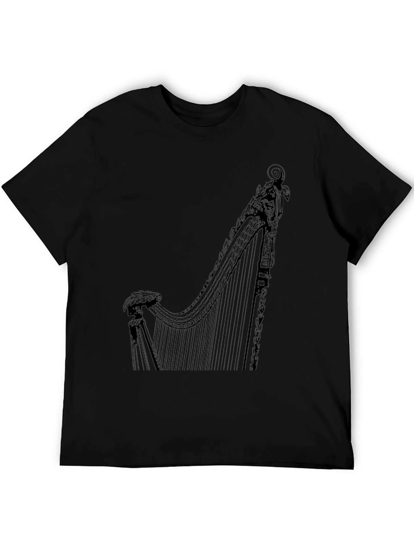 Elegant Harp Graphic Tee - Black Cotton T-Shirt