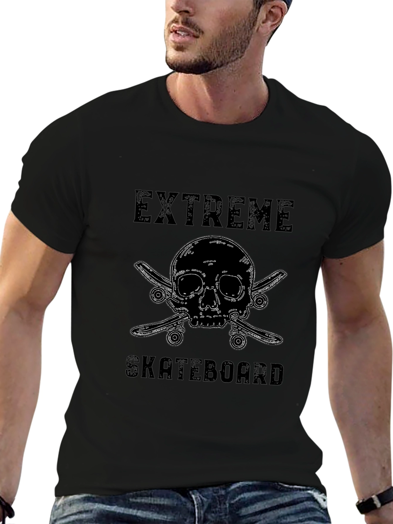 Extreme Skateboard Skull Graphic Black T-Shirt