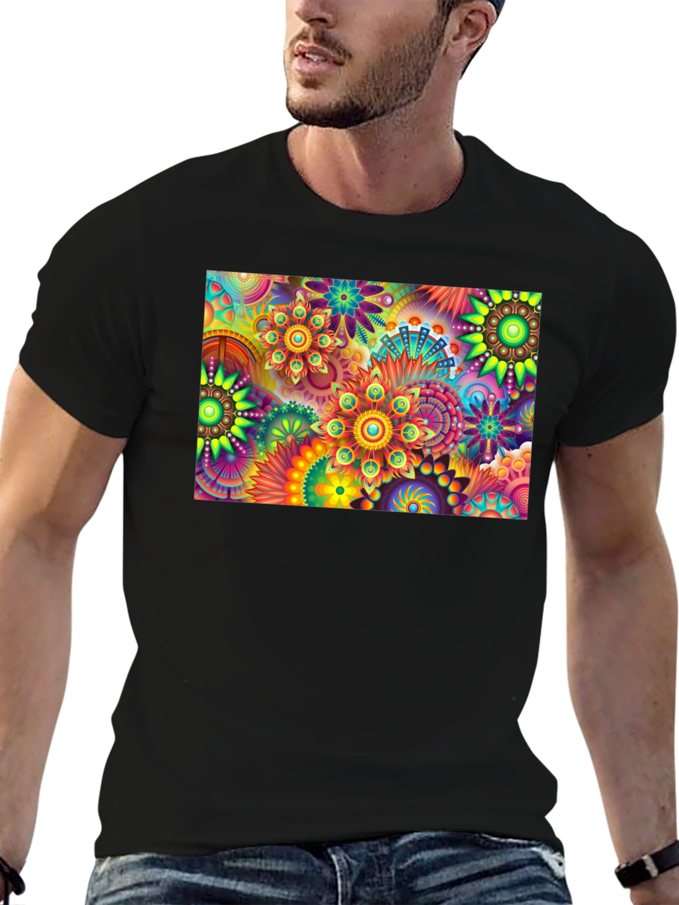 Vibrant Floral Print Black T-Shirt