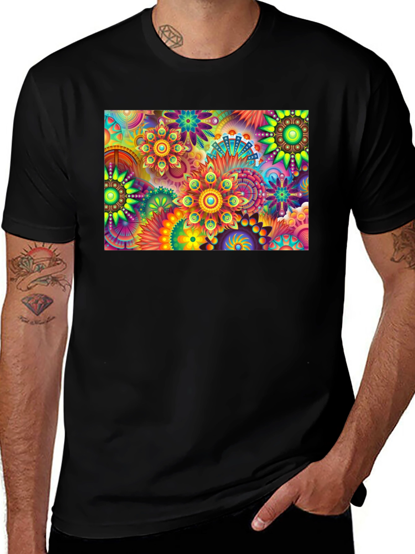 Vibrant Floral Print Black T-Shirt