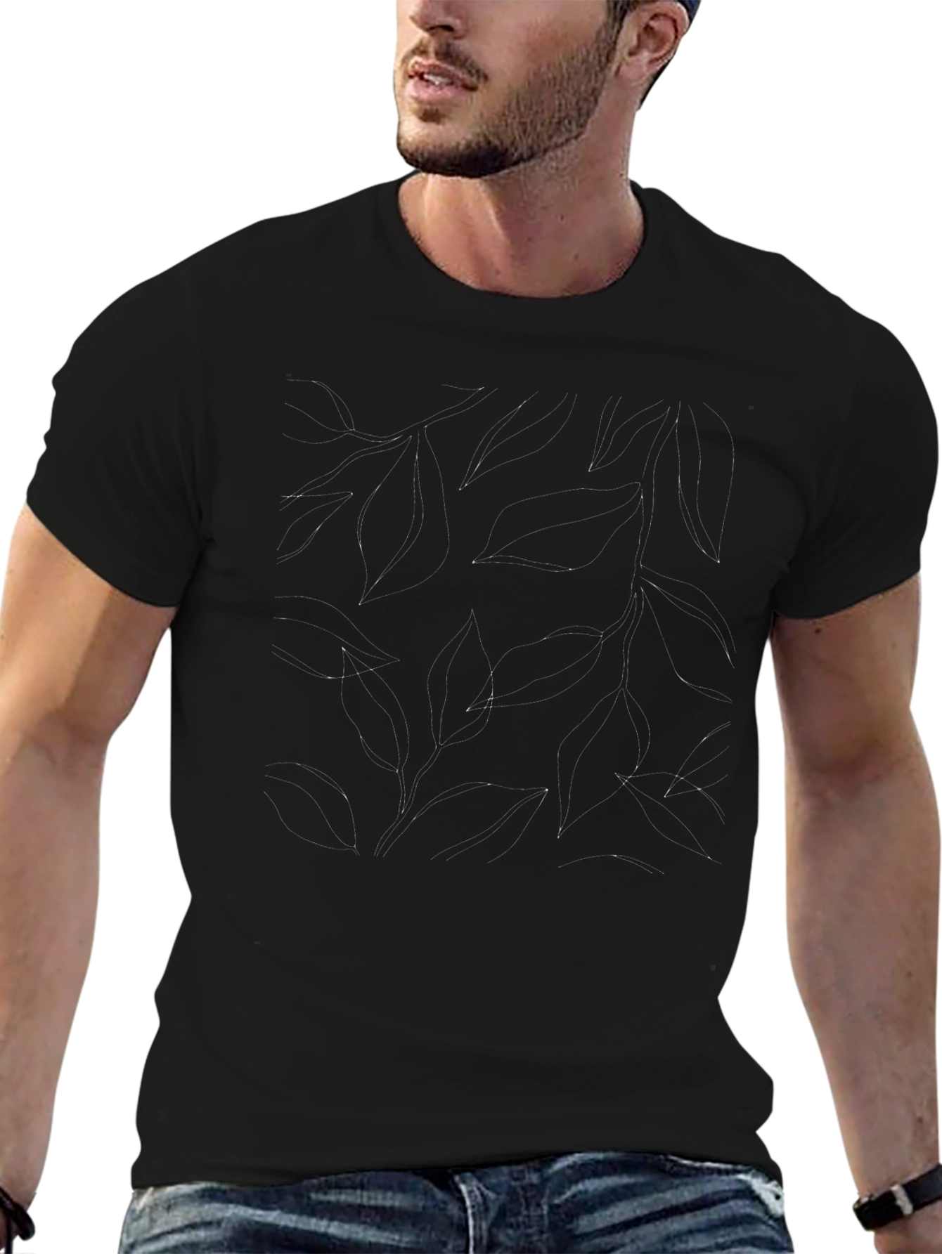 Elegant Black Leaf Print Crew Neck T-Shirt