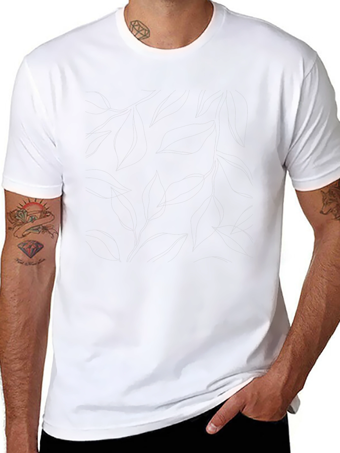Elegant Black Leaf Print Crew Neck T-Shirt