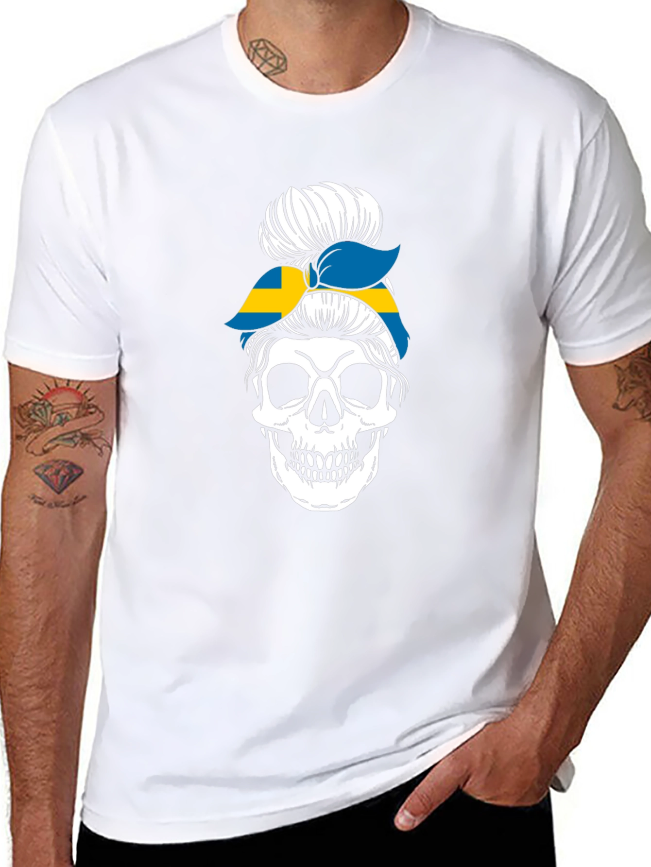 Skull Sweden Flag Messy Bun T-Shirt