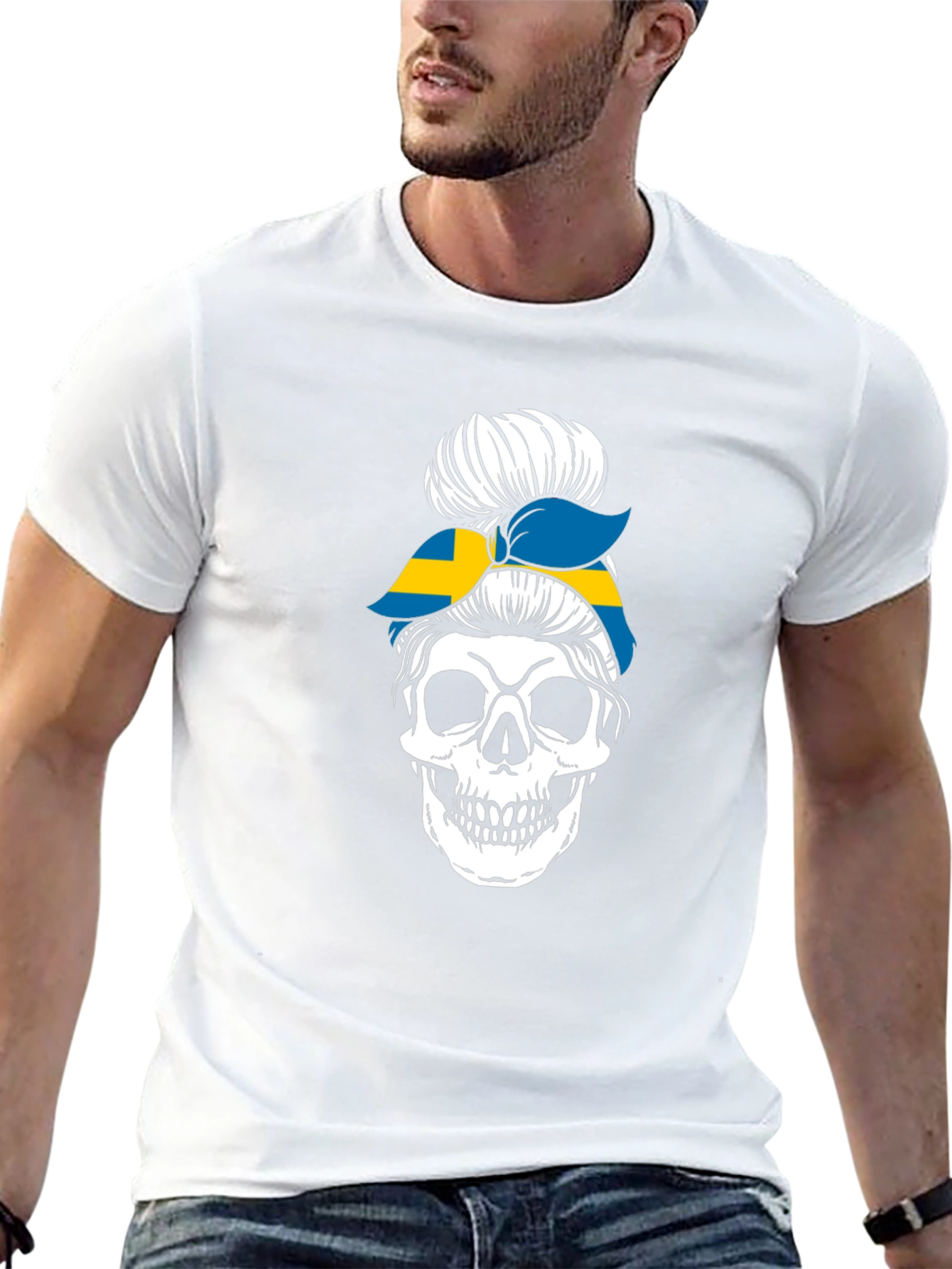 Skull Sweden Flag Messy Bun T-Shirt