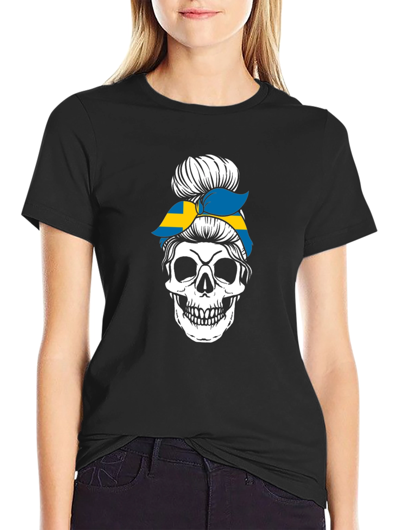 Skull Sweden Flag Messy Bun T-Shirt