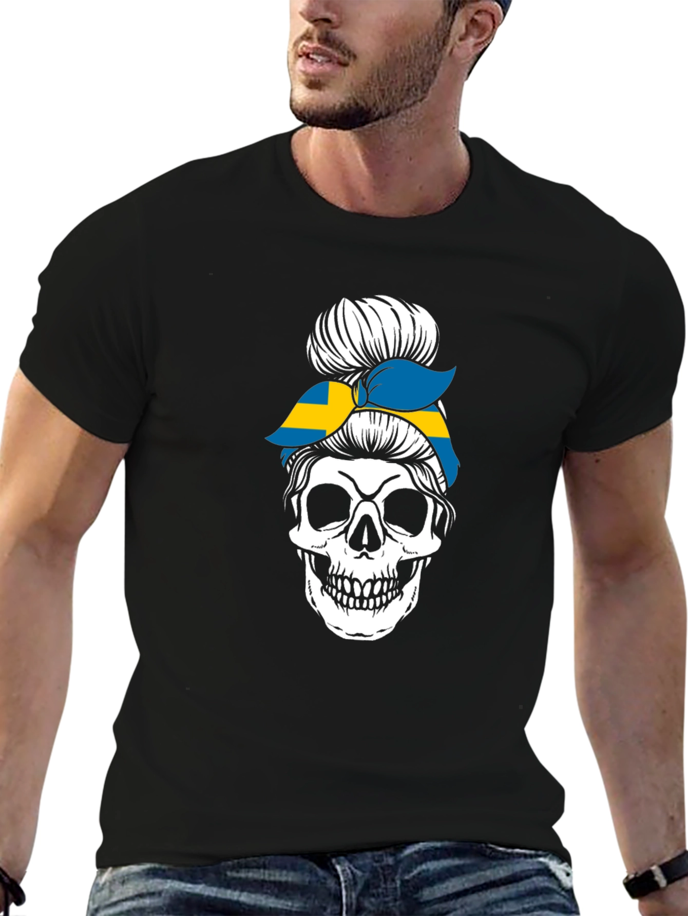 Skull Sweden Flag Messy Bun T-Shirt