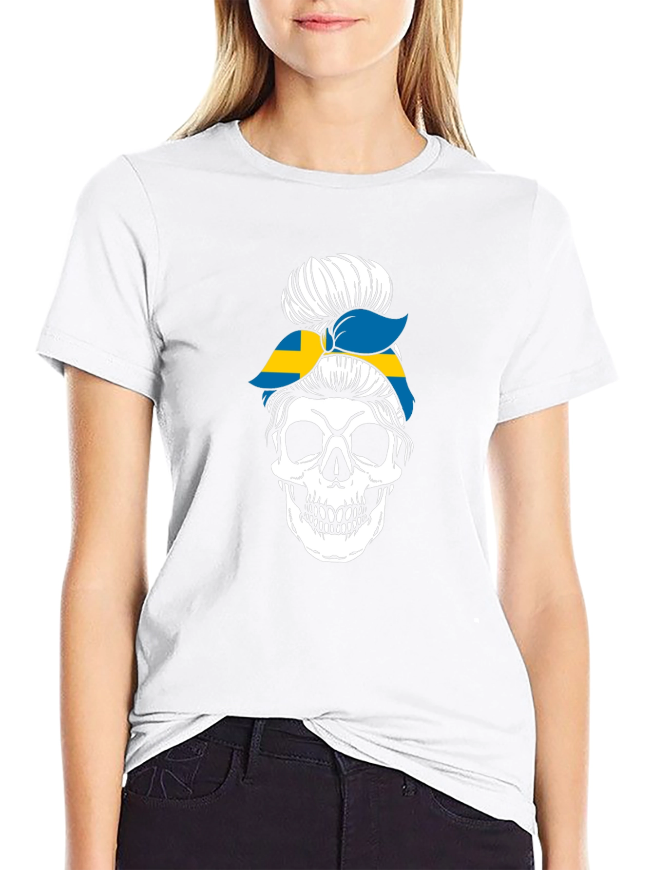 Skull Sweden Flag Messy Bun T-Shirt