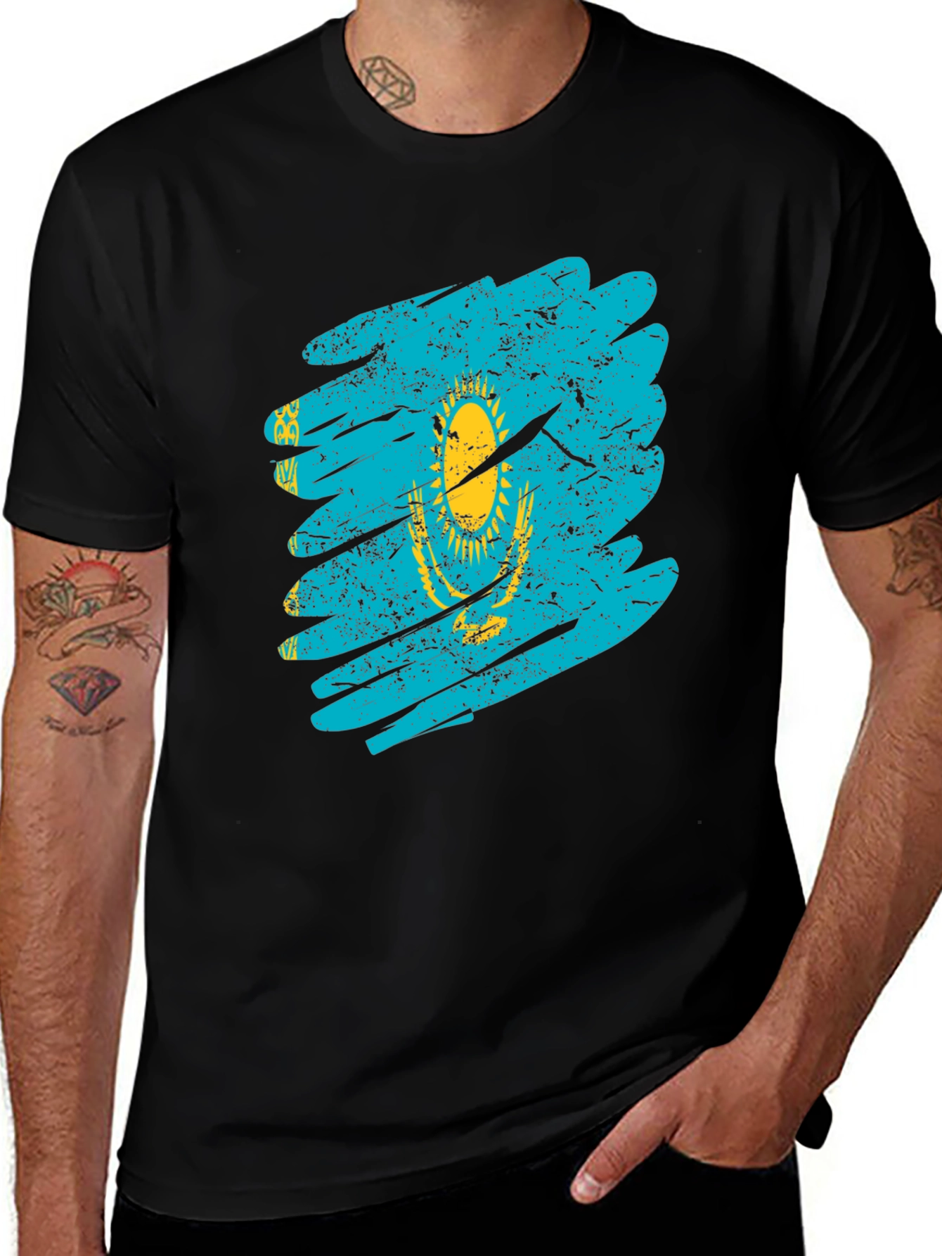 Kazakhstan Flag Distressed Black T-Shirt