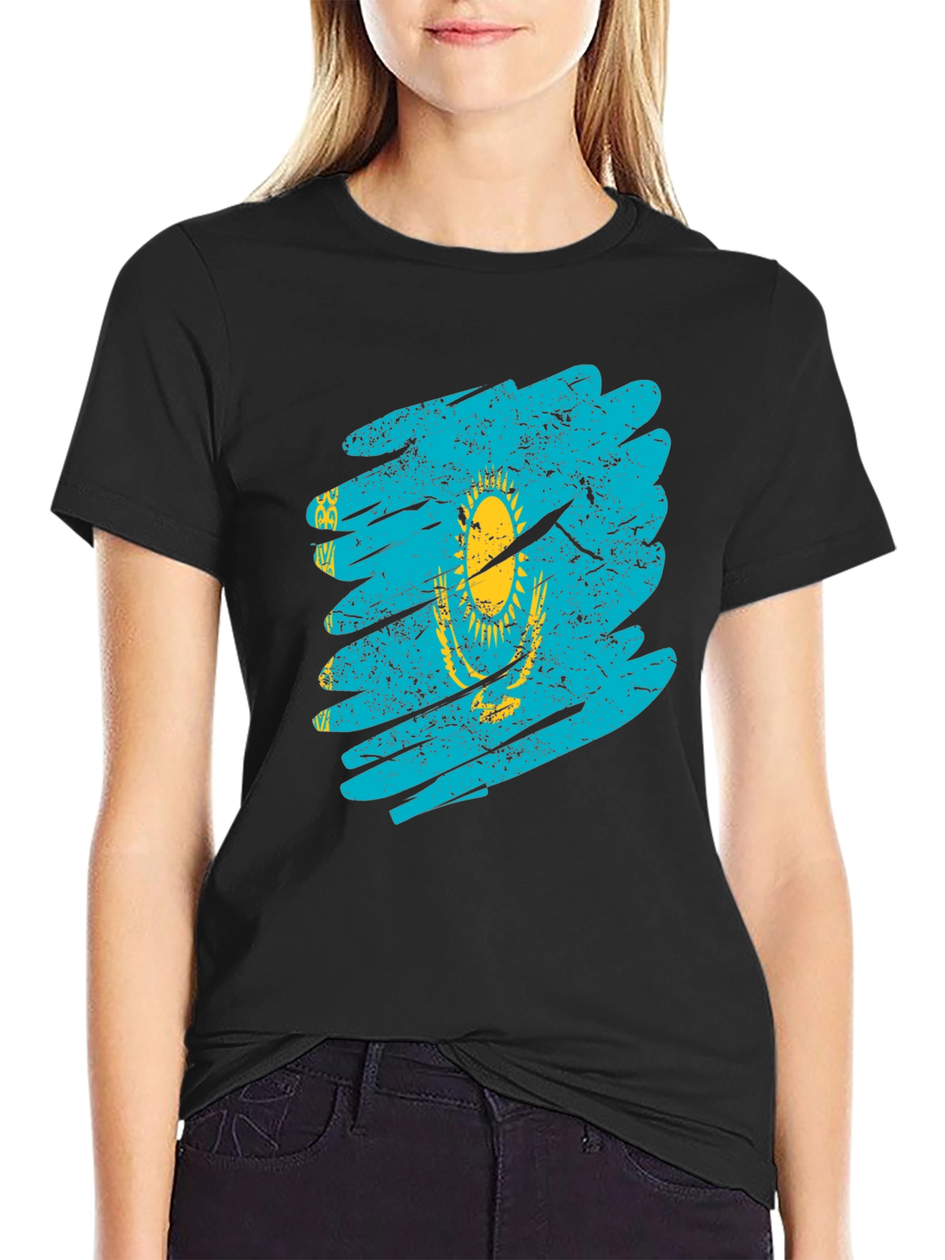 Kazakhstan Flag Distressed Black T-Shirt