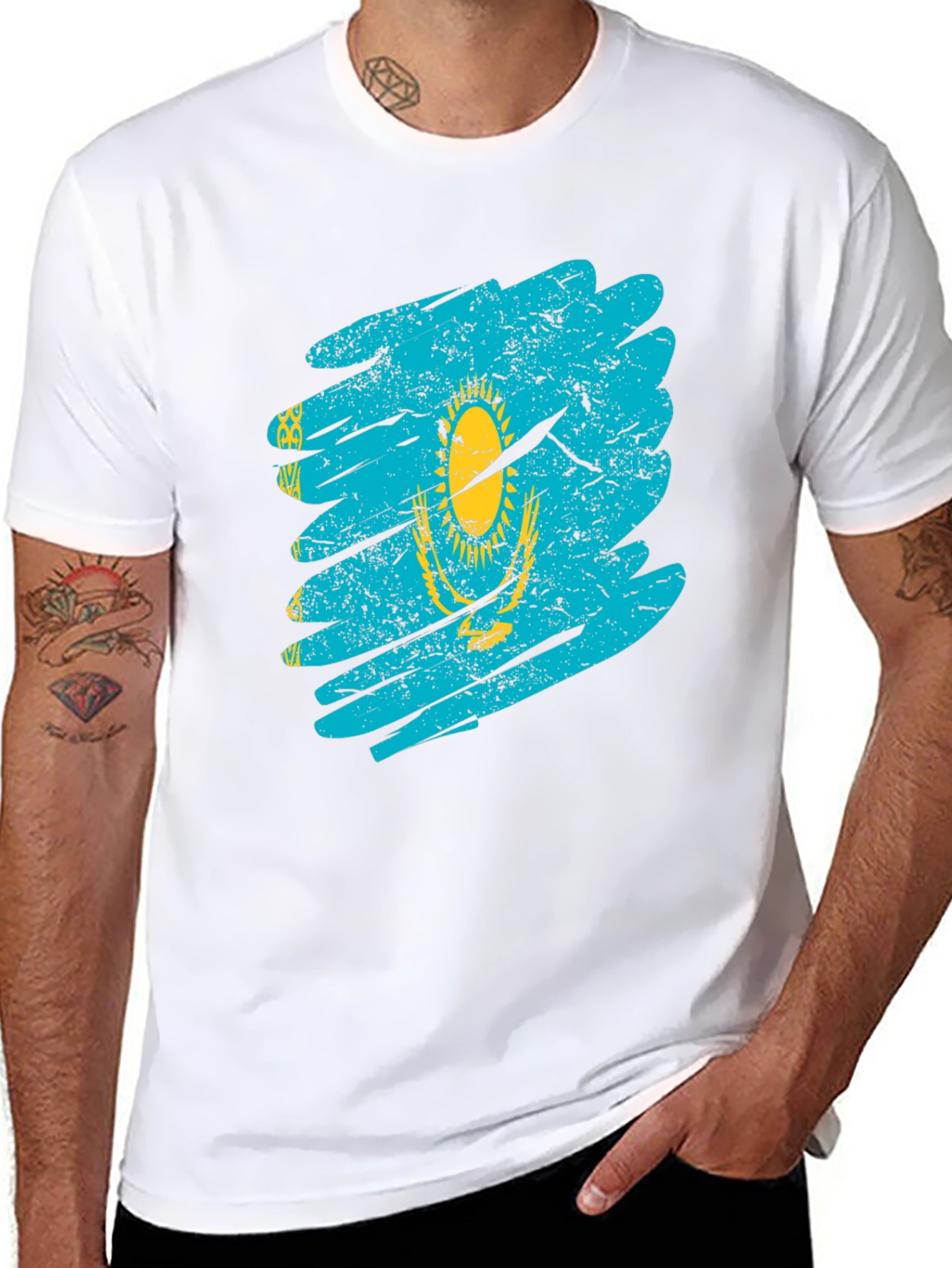 Kazakhstan Flag Distressed Black T-Shirt