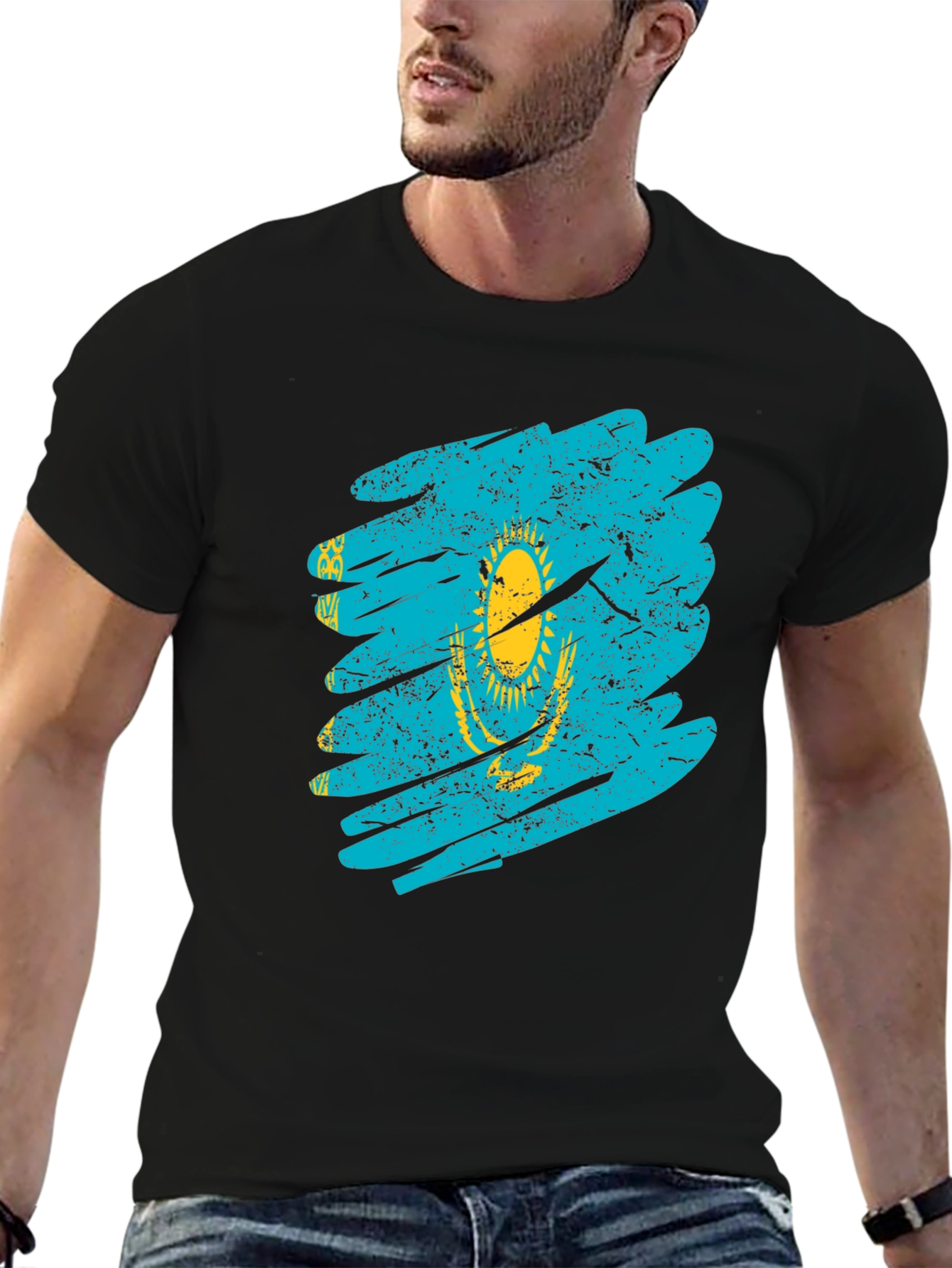 Kazakhstan Flag Distressed Black T-Shirt
