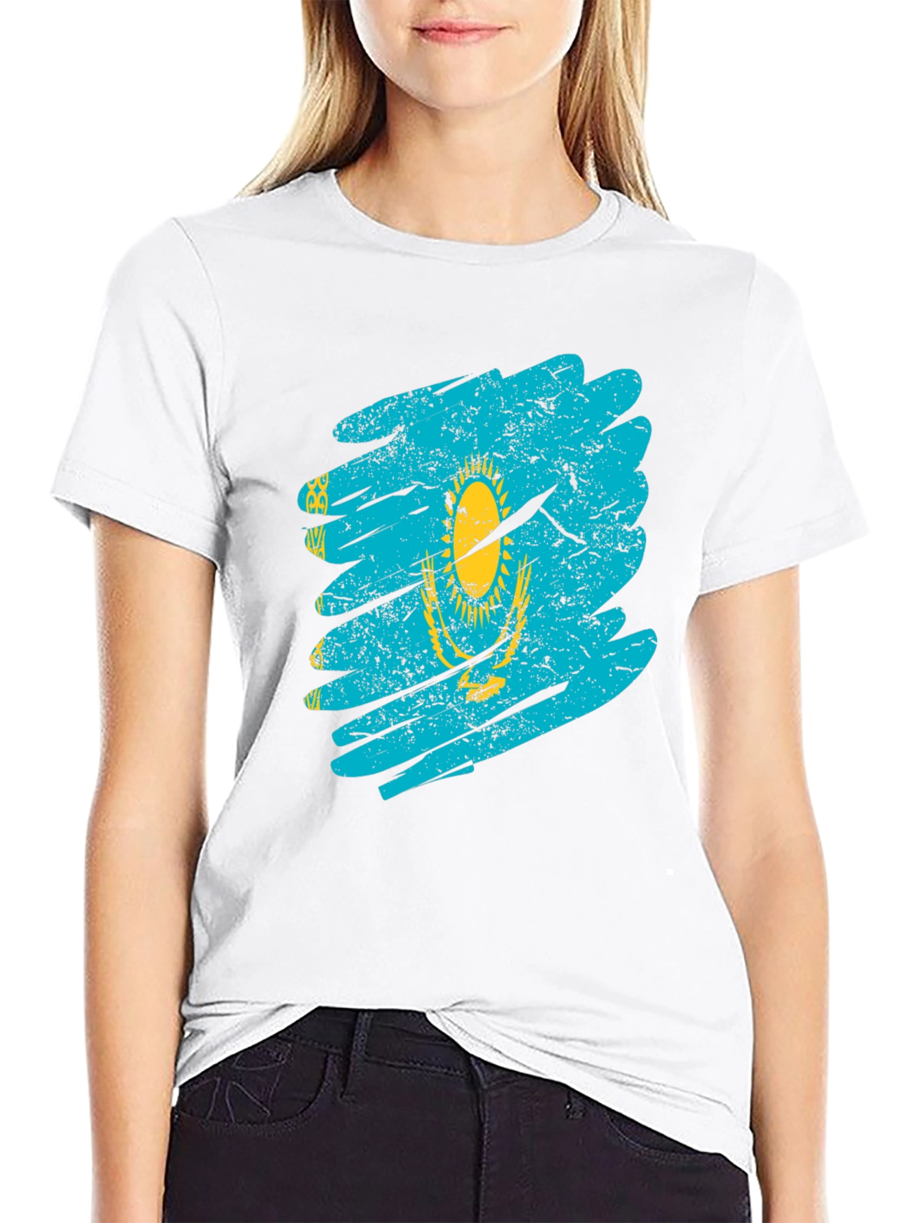 Kazakhstan Flag Distressed Black T-Shirt