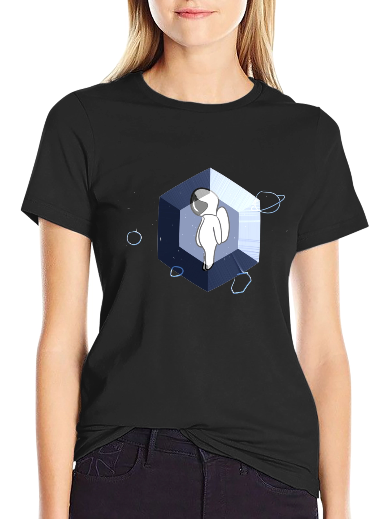 Astronaut Cube Graphic Tee - Cool Black T-Shirt