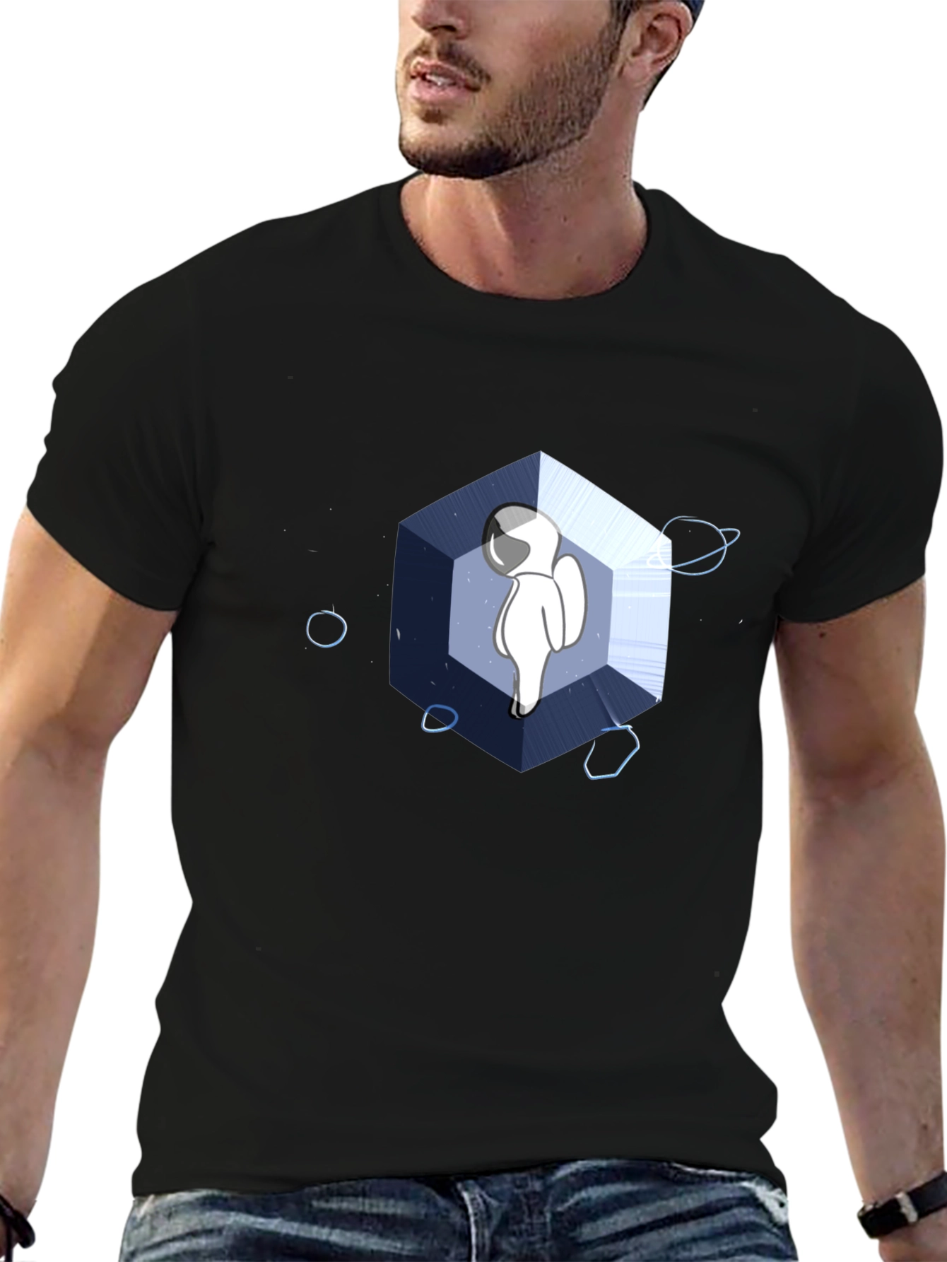 Astronaut Cube Graphic Tee - Cool Black T-Shirt