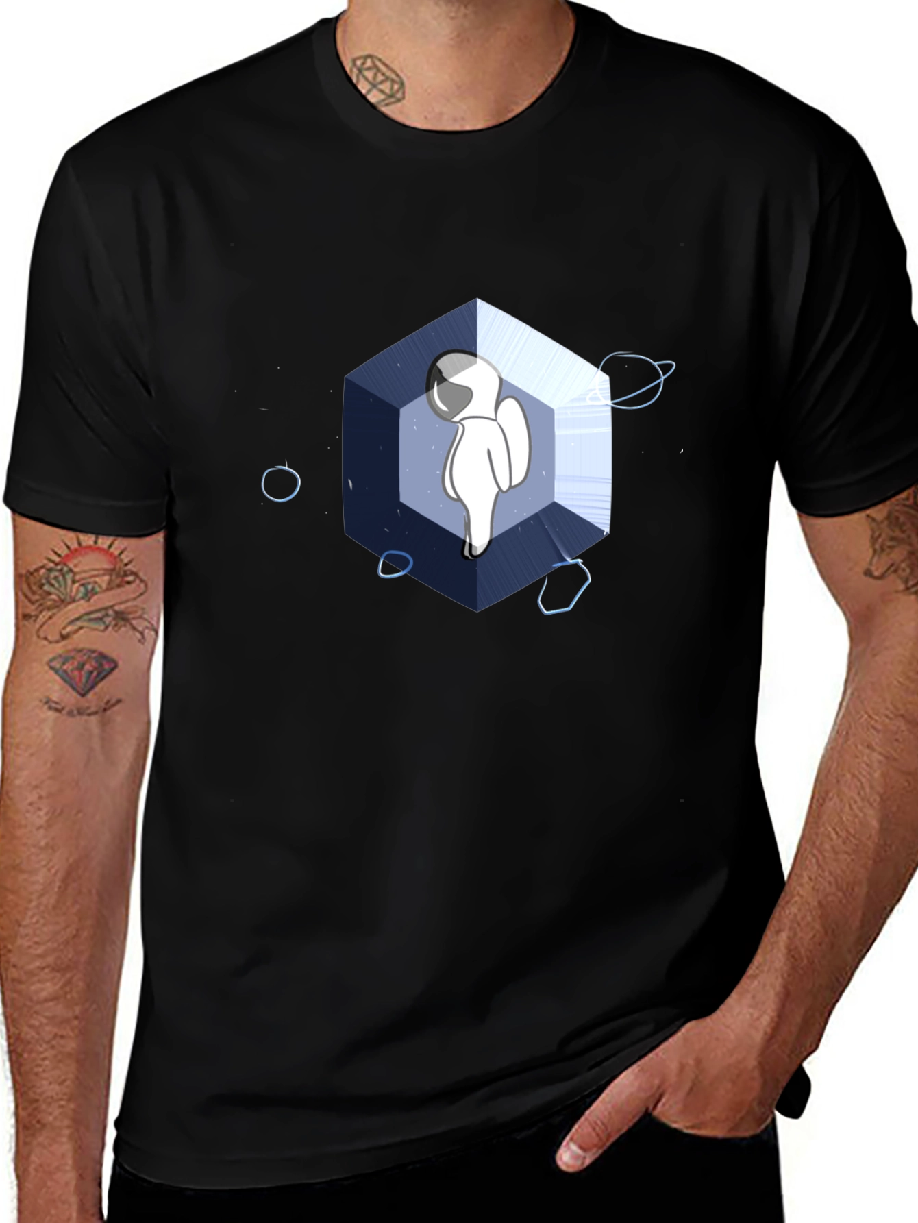 Astronaut Cube Graphic Tee - Cool Black T-Shirt