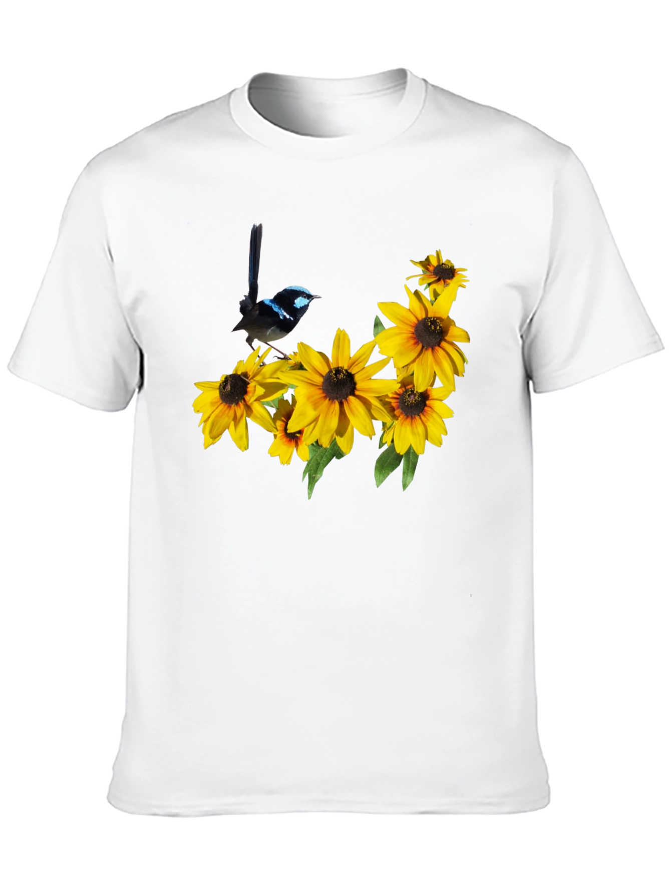 Black T-Shirt with Bird and Sunflower Graphic