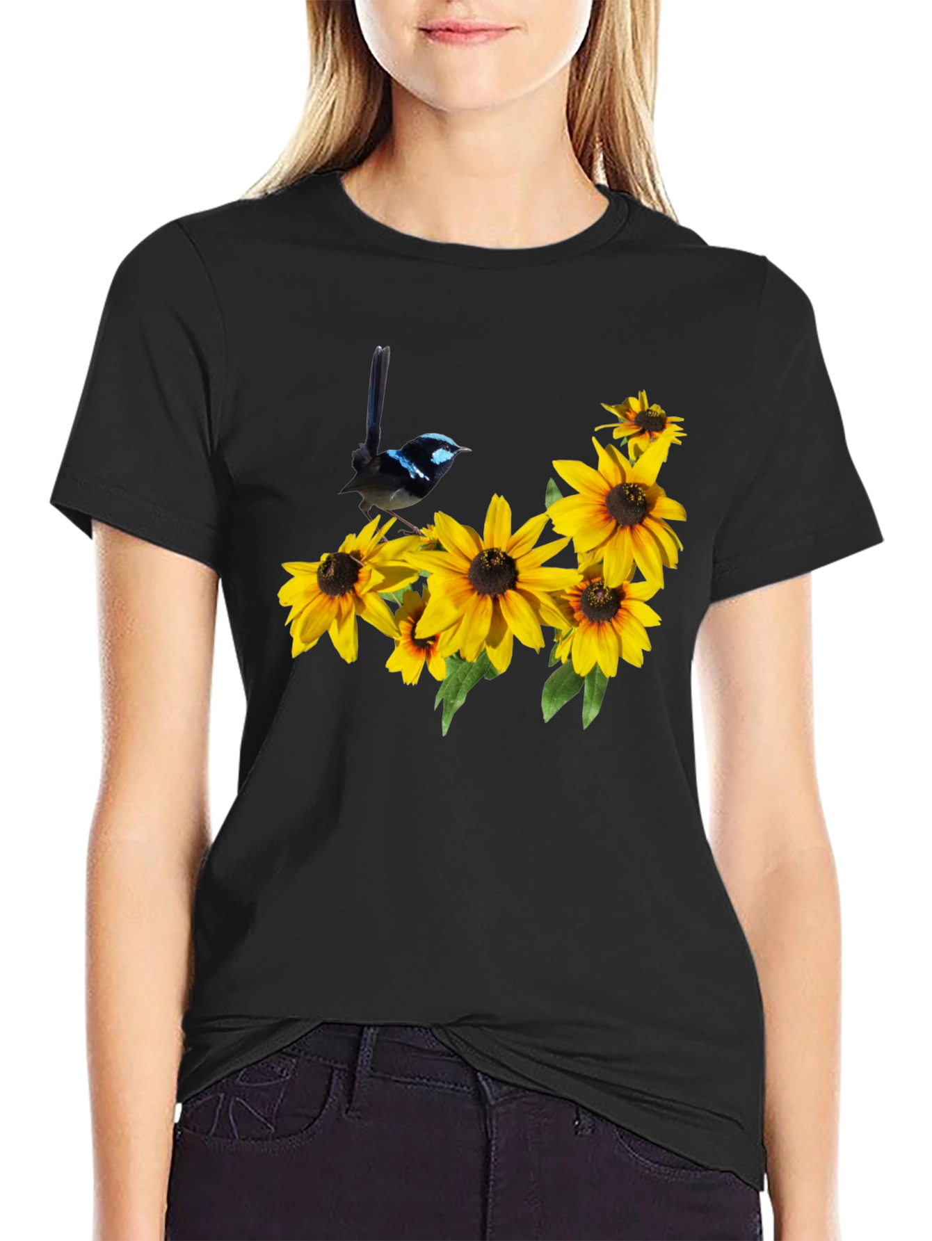Black T-Shirt with Bird and Sunflower Graphic