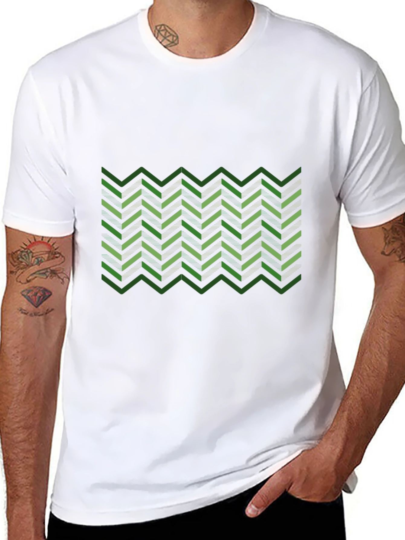 Green Chevron Pattern Black T-Shirt