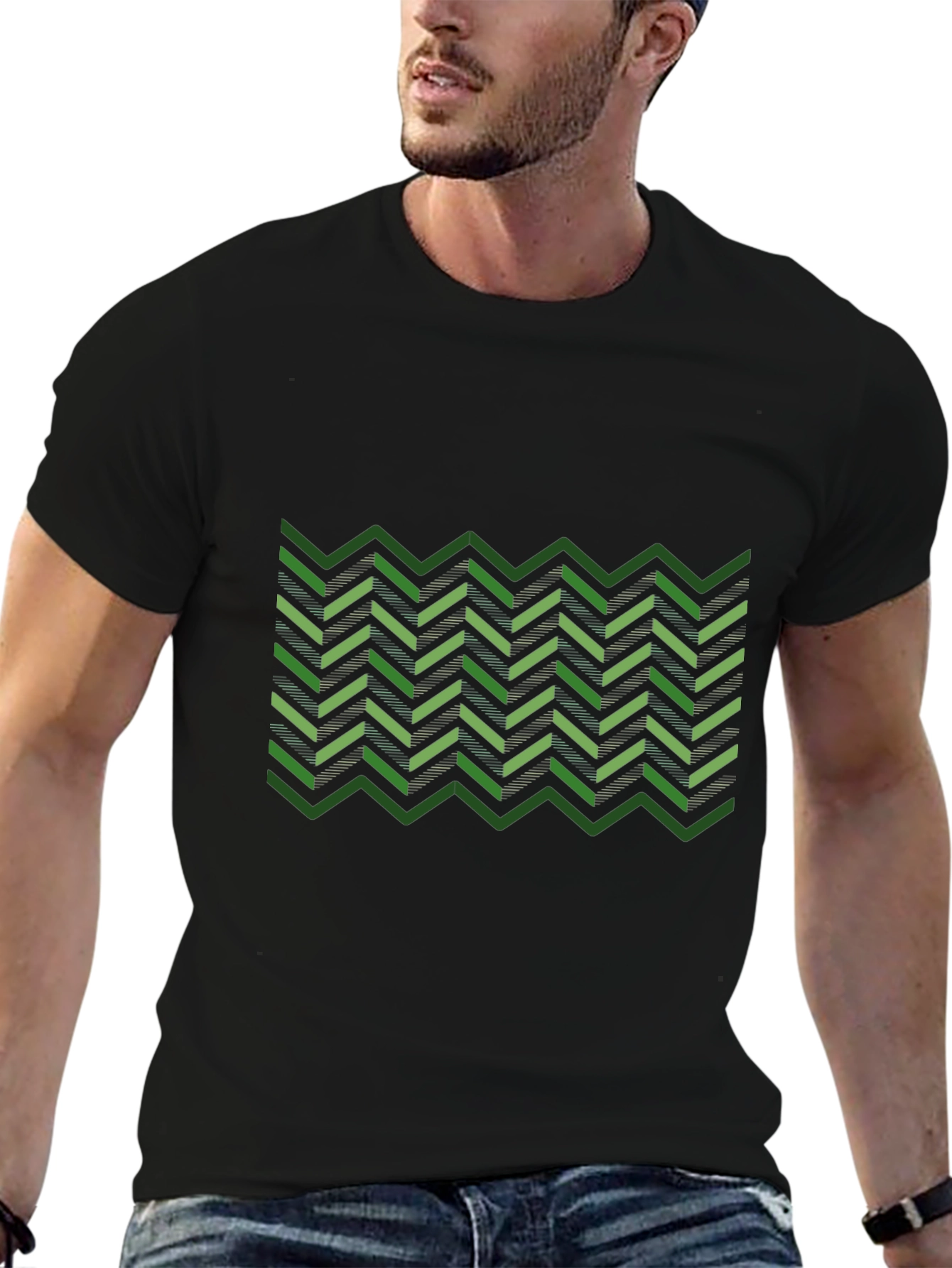 Green Chevron Pattern Black T-Shirt